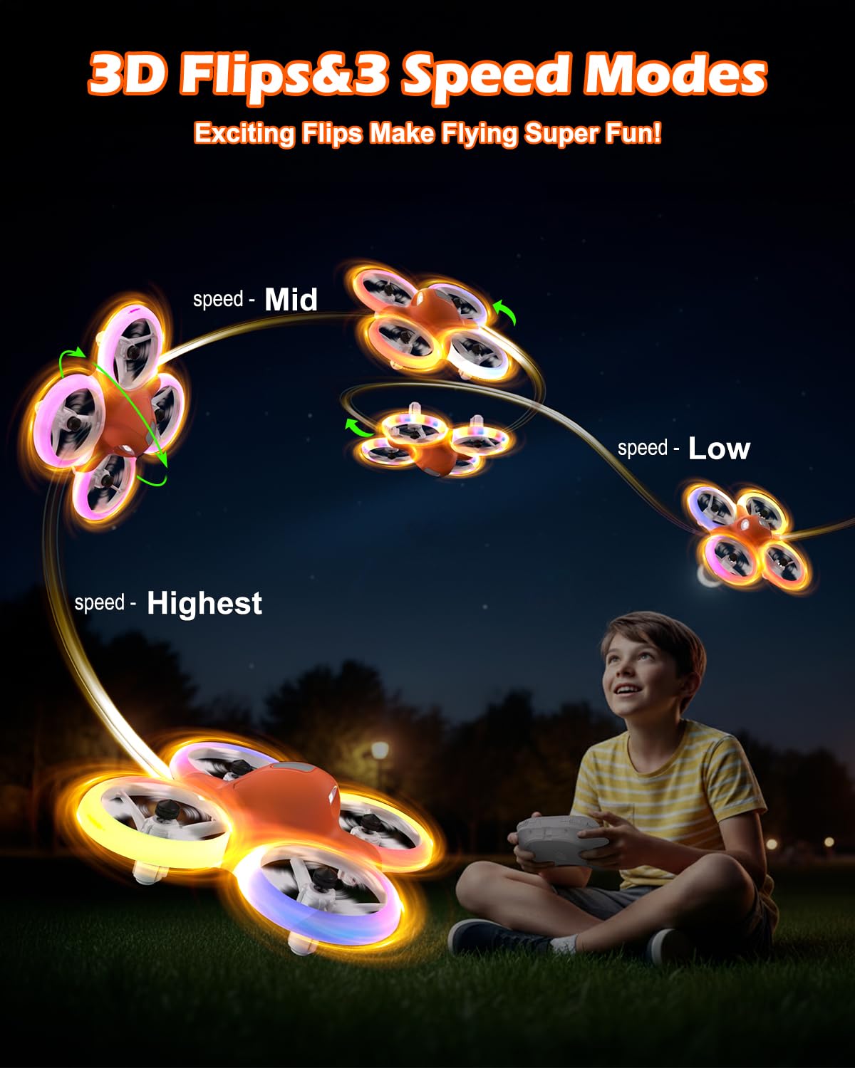 Drone for Kids with Colorful Light, Mini Indoor RC Drone Quadcopter Toy with 360 Flip, Altitude-Hover, Self-Rotation, 3 Speed Modes, 2 Batteries for Boys Girls and Beginners