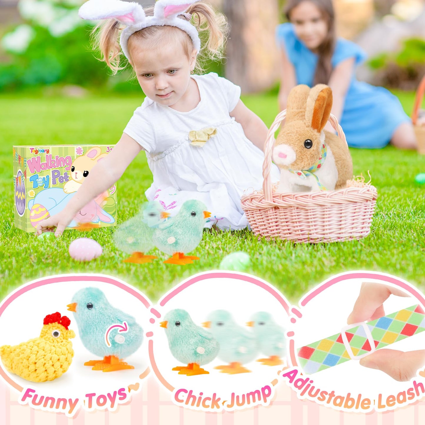 Tagitary Easter Plush Bunny Toys for Kids,Hopping Interactive Rabbit with Leash and Wind Up Toys,That Making Sounds,Wiggling Ears,Twitching Nose,Easter Basket Stuffers Gift for Toddlers