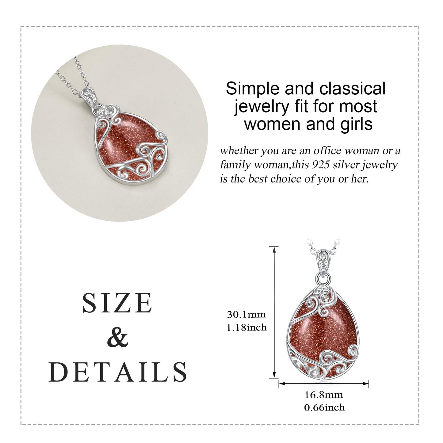 YAFEINI 925 Sterling Silver Gold Sand Stone Filigree Teardrop Necklace for Women
