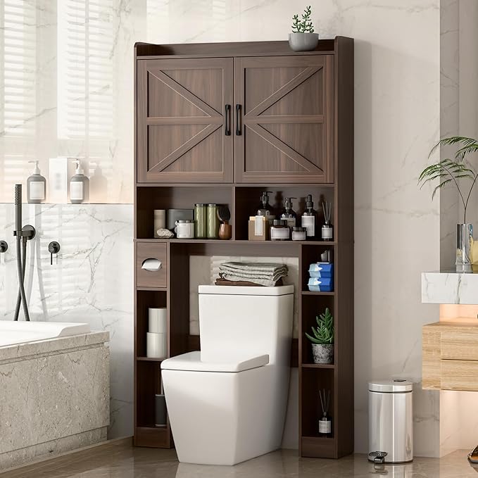 Over The Toilet Storage Cabinet, Farmhouse Toilet Cabinet Rack with Barn Doors, Space Saving Bathroom Organizer with Shelves, Toilet Paper Holder and Towel Rack for Bathroom,Restroom,Laundry,Espresso