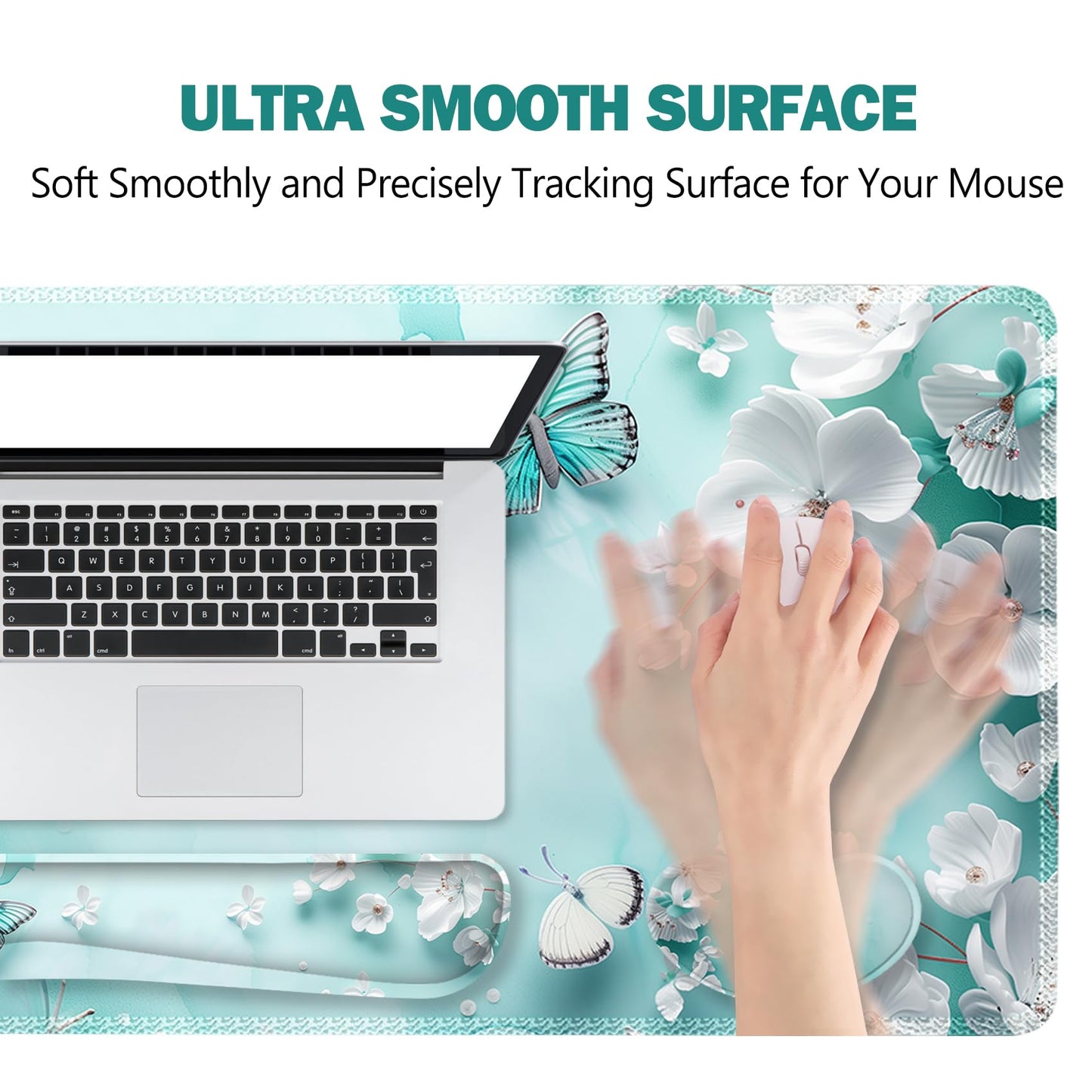 ToLuLu Large Mouse Pad Desk Pad Set, Wrist Rest Support Desk Mat for Keyboard and Mouse, 4PCS 35.4”x15.7 XXL Giant Mouse Pad, Non-Slip Base Stitched Edges Mousepad for Home Office, Teal Butterfly