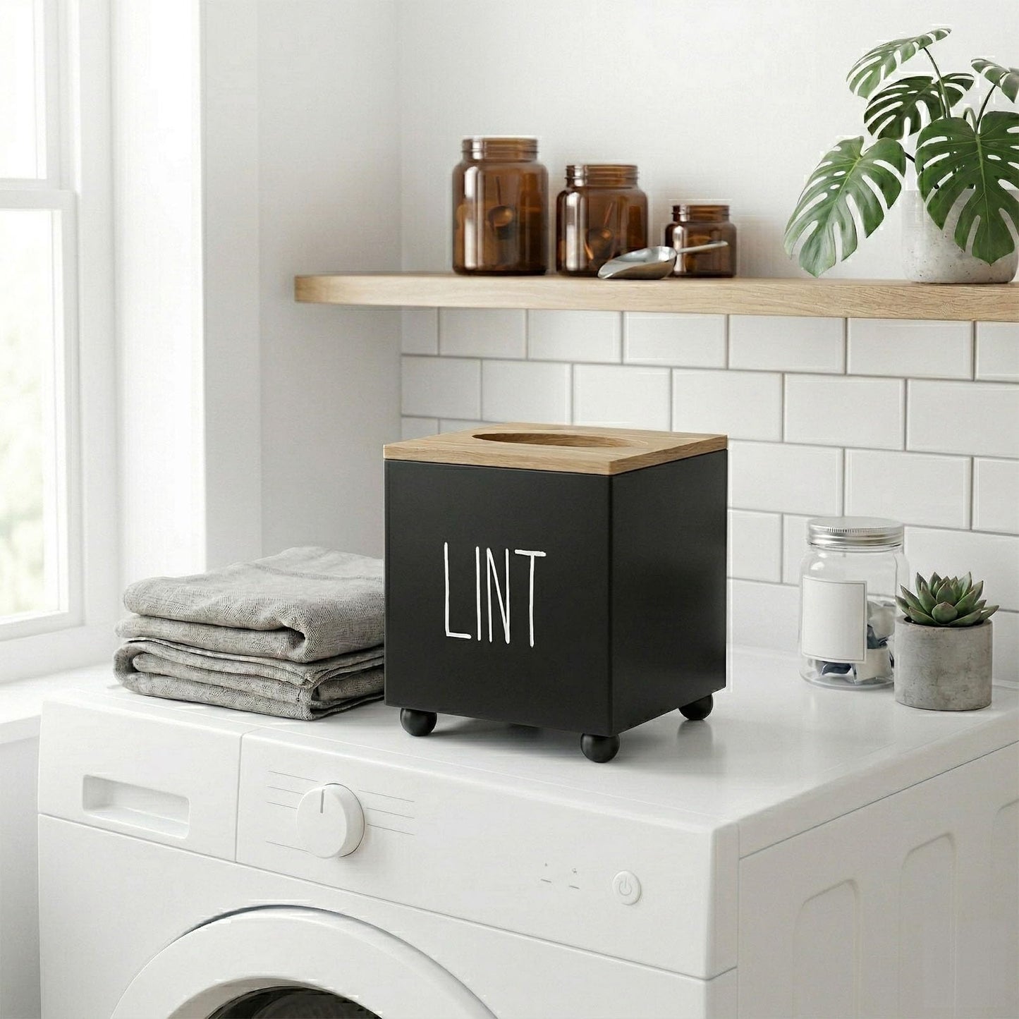 CHONIC Lint Bin for Laundry Room, Farmhouse Lint Box, Wooden Lint Holder with Lid, Lint Container for Laundry Room Decor, Dryer Lint Trash Can for Laundry Accessory Organization(Black)