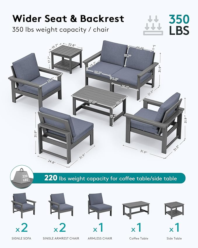 SERWALL HDPE Patio Furniture Set with 15FT Double Side Patio Umbrella, 7-piece Outdoor Modular Sectional Sofa Set, All Weather Patio Couch Set for Deck, Gray & Gray Cushion（Umbreall Base not Included）