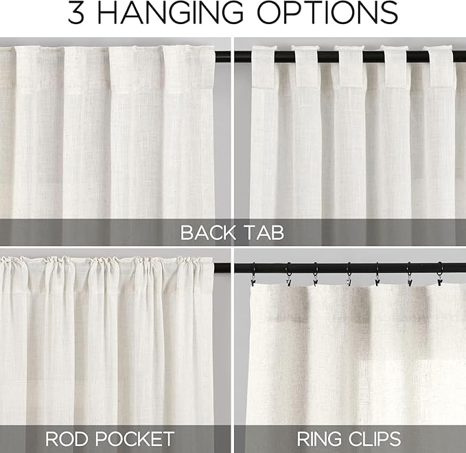 Beige White Linen Curtains for Kitchen Windows Over Sink Neutral 30 Inch Length Back Tab and Rod Pocket Light Filtering Semi Sheer Cafe Curtain for Bathroom RV Small Window 40 x 30 Inch,2 Panels