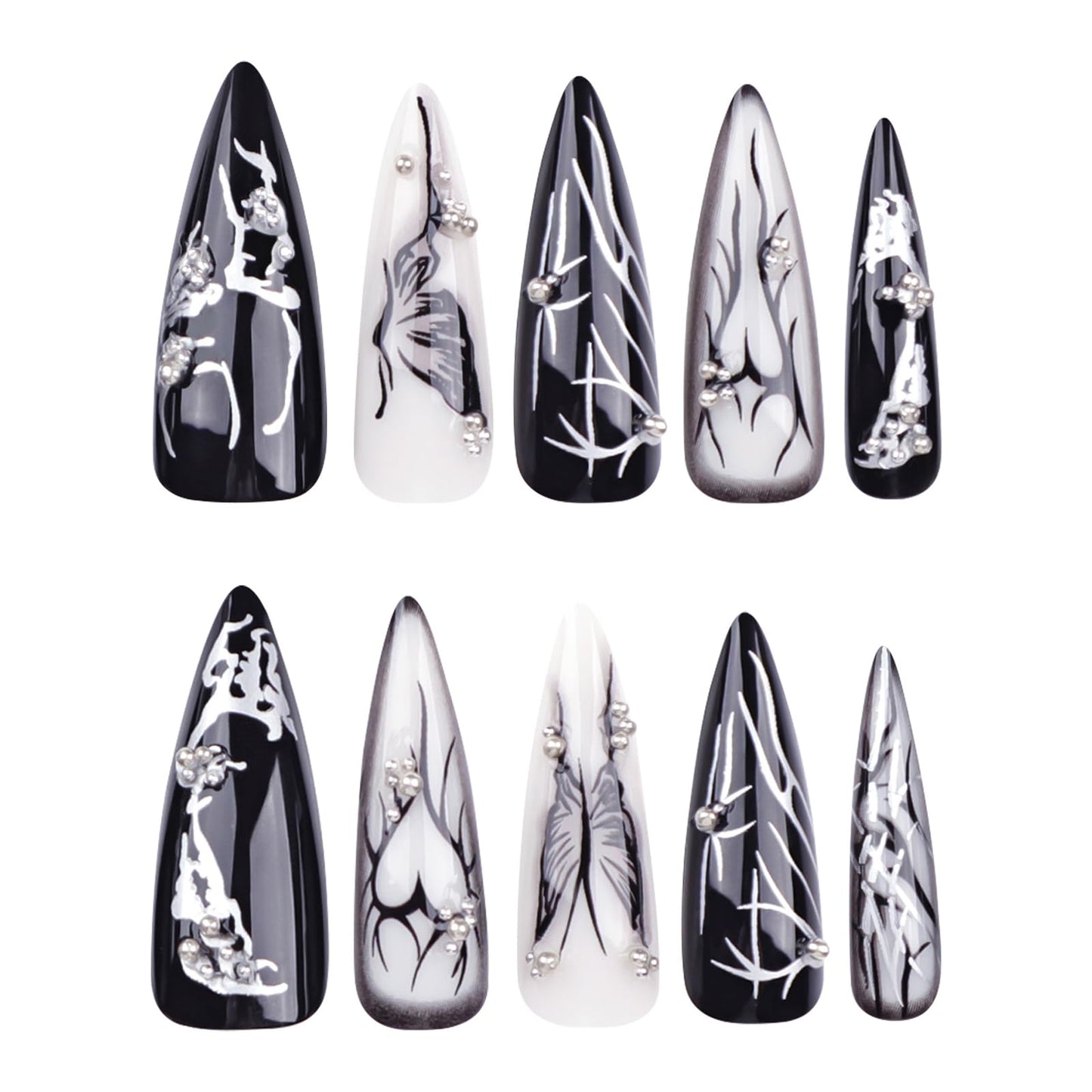 MISUD Press on Nails - Long Stiletto Glue on Nails with Goth Black, Acrylic Gothic Butterfly Design 24 pcs