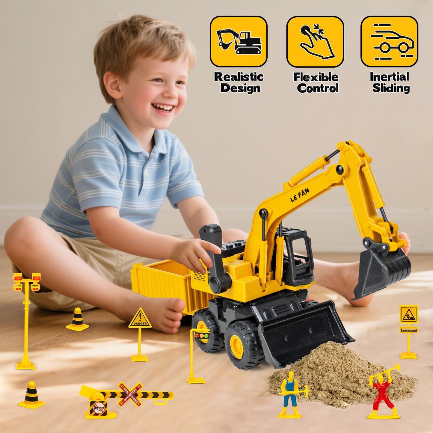 Kids Construction Toys for Boys - 3 in 1 Excavator, Crane and Dump Trucks with Road Signs for Toddlers Ages 3-5, Friction Power Construction Vehicles Model Car, Transport Truck Playset Birthday Gifts