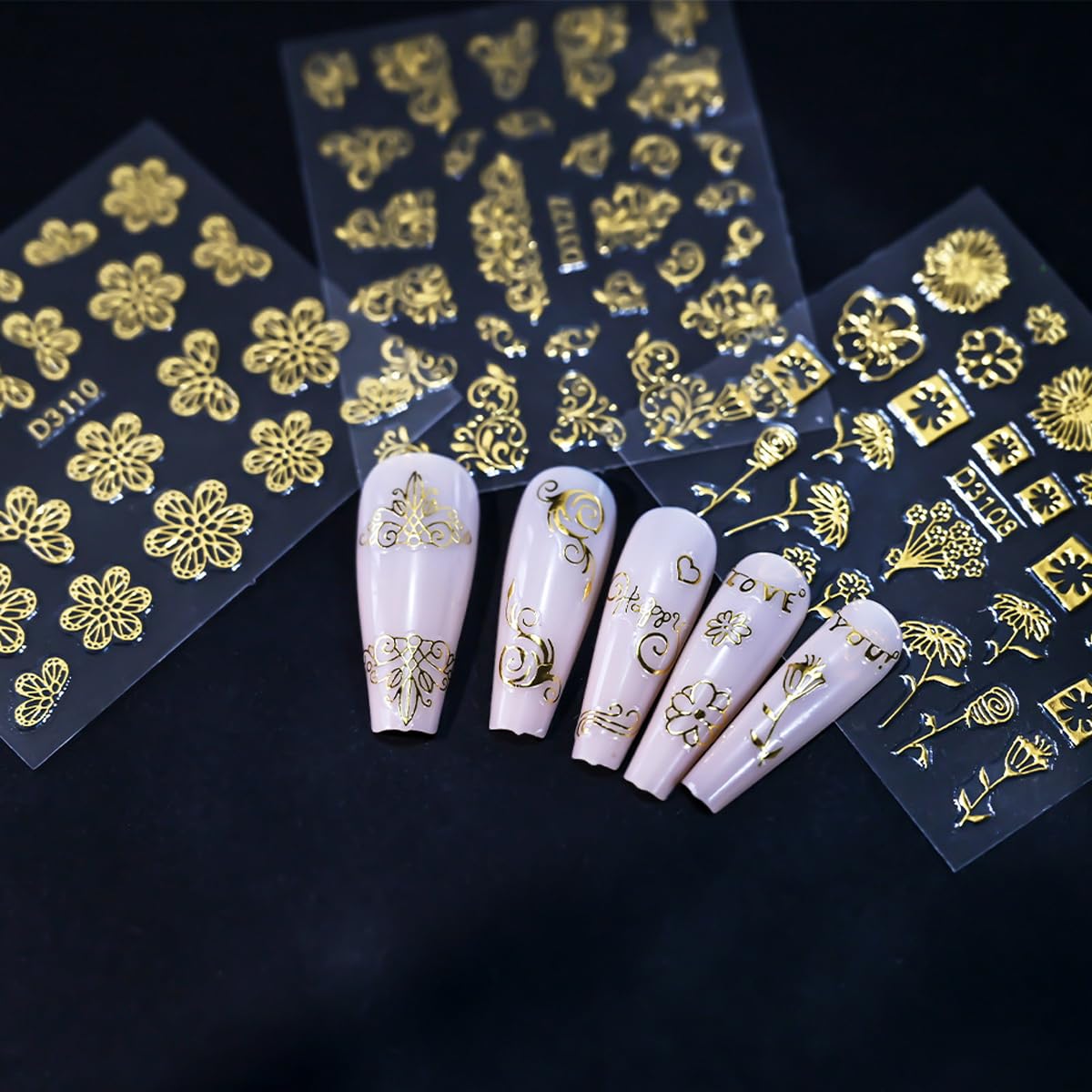 30 Sheets Gold Nail Art Stickers Lace Flower 3D Self Adhesive Leaf Nail Decals Hollow Retro Floral Nail Sticker Baroque Court Supplies for Women DIY Manicure Nail Art Decoration Accessories