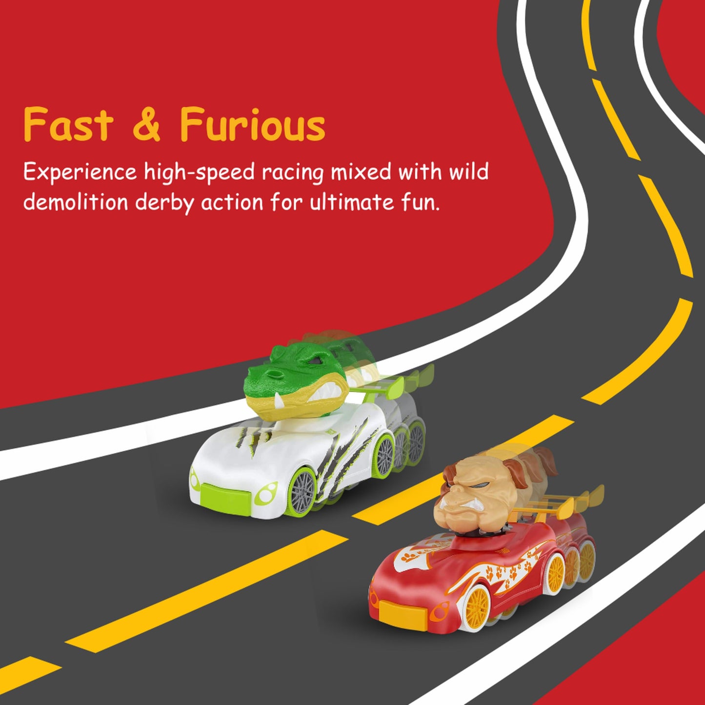 Knuckle Headz Pop-Up Racer Car Toy, Friction-Powered Pull Back Race Car, Head Popping Fun Gift for Kids, Boys, Girls, Ages 3+, Dinosaur