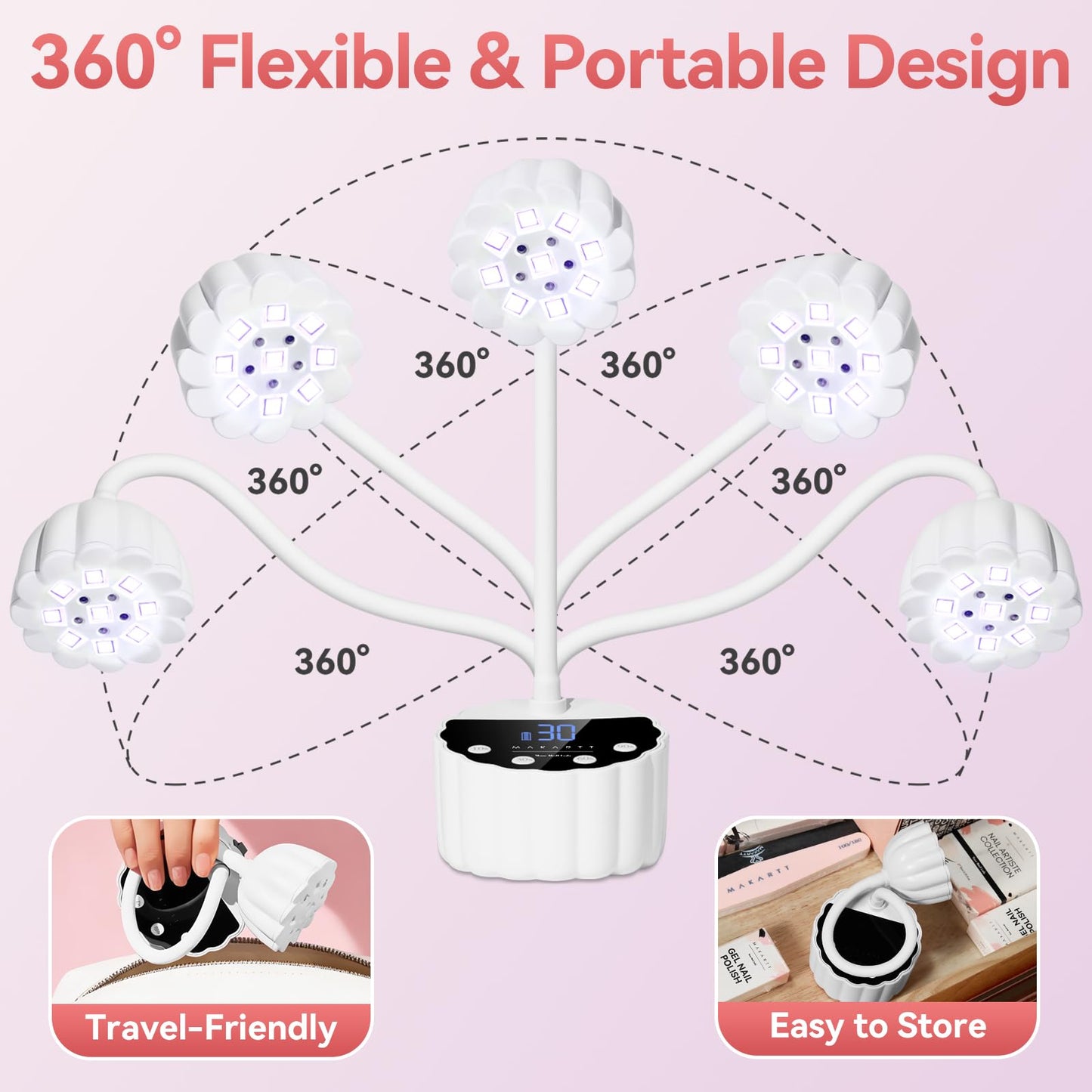 Makartt UV LED Nail Lamp - Gooseneck 58mW/cm² Flash Cure Lamp Rechargeable UV Light for Gel Nails with 4 Times & Auto Sensor USB Cordless Fast Curing Nail Art Design for Salon Home DIY (White)