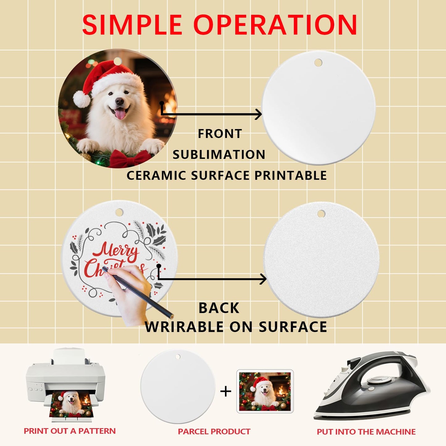 50 Pack Ceramic Sublimation Ornament Blank 3 inch Round Crafting DIY Personalized Printed Christmas Home Bulk White Porcelain Xmas Tree Crafts Decor