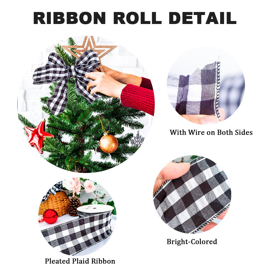 Plaid Bubble Grid Ribbon Black and White Gingham Ribbon Checkered Ribbons 2.5 Inch x10 Yard Wire Edged Ribbons for Christmas Gift Wrapping Thanksgiving Decorations