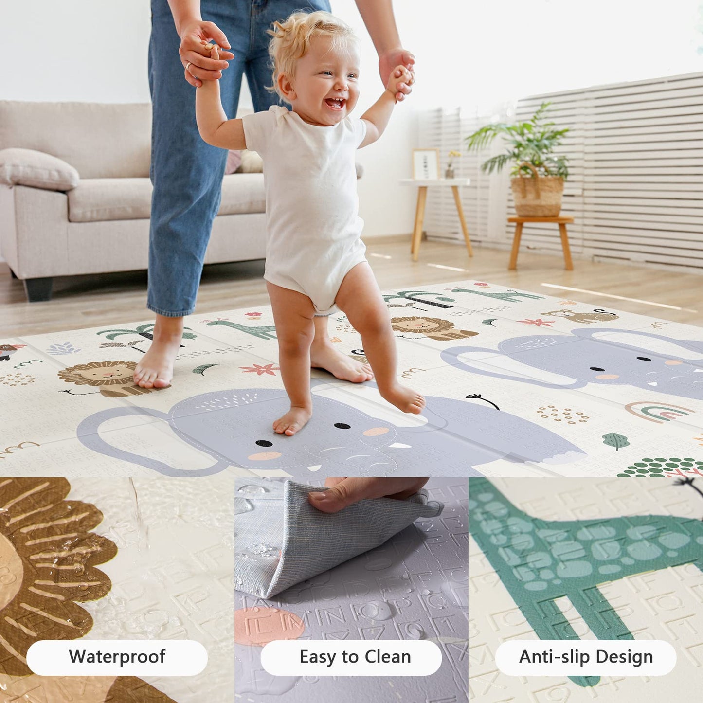 NOONKTY 79x71 Extra Large Baby Play Mat for Floor, Foldable Foam Playmat for Babies 0-12 Months & Kids, Non-Toxic Waterproof Baby Mat for Floor, Thick Playpen Mat for Tummy Time Crawling, Elephant+Mon