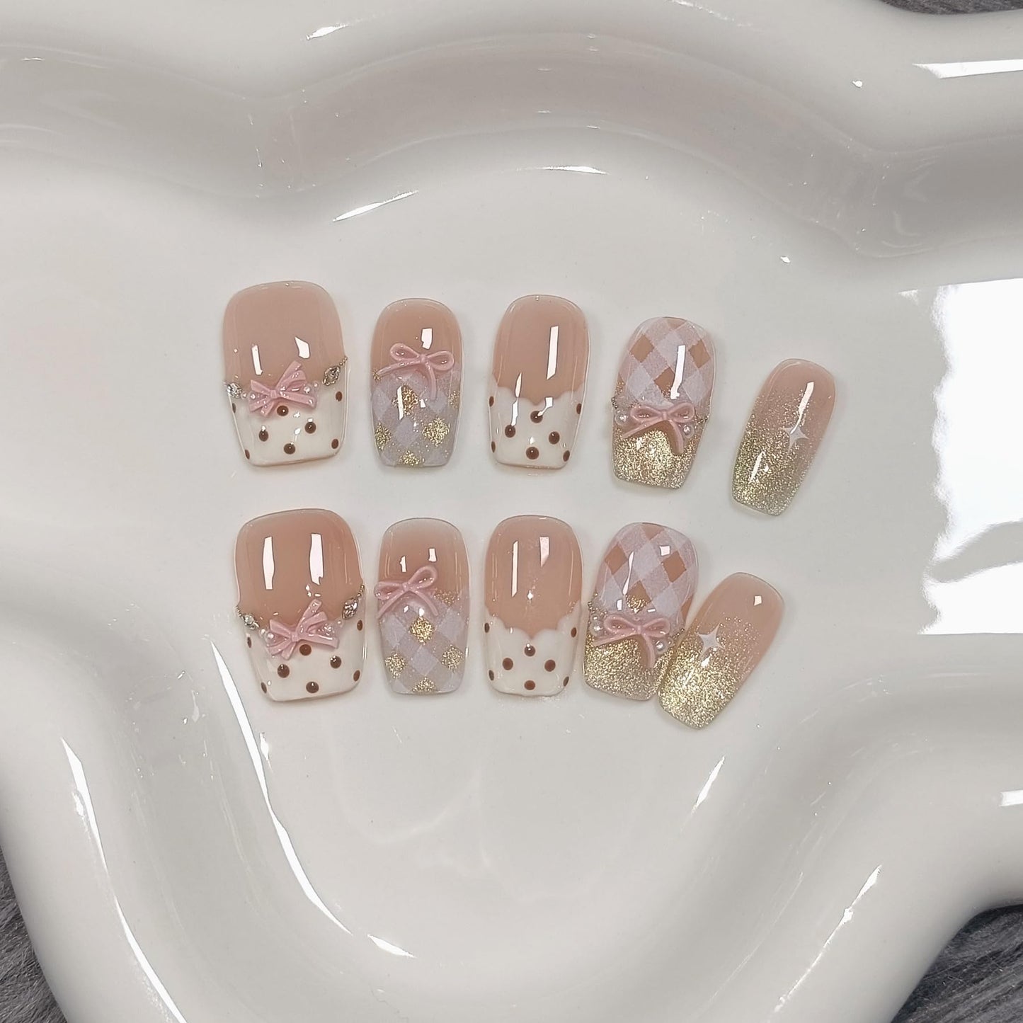 TENPAL 10Pcs Y2K Short Medium Coffin Press On Nails With Tools Kit,Light Pink Cat Eye French Fake Nails with Dot Bow Plaid Pattern,K-Beauty Acrylic Glue on Nails for Wedding Party Daily Wear(M)