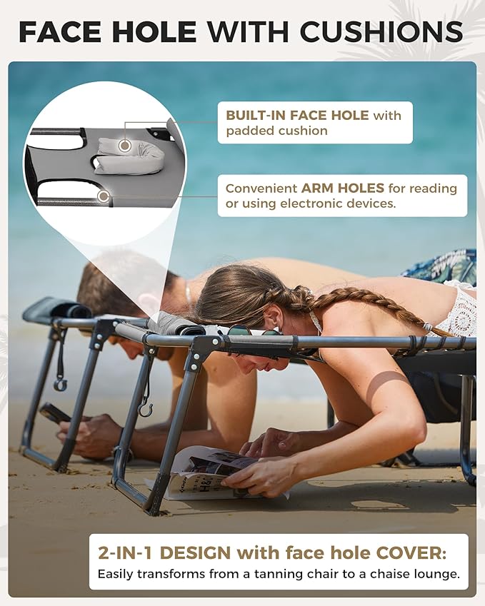 KingCamp Tanning Chair with Face Hole, Lounge Chairs Outdoor Folding Comfy Adjustable 5-Position Foldable Chaise Chaser with Canopy Shade for Outside Beach Patio Sun Bathing Pool, Grey