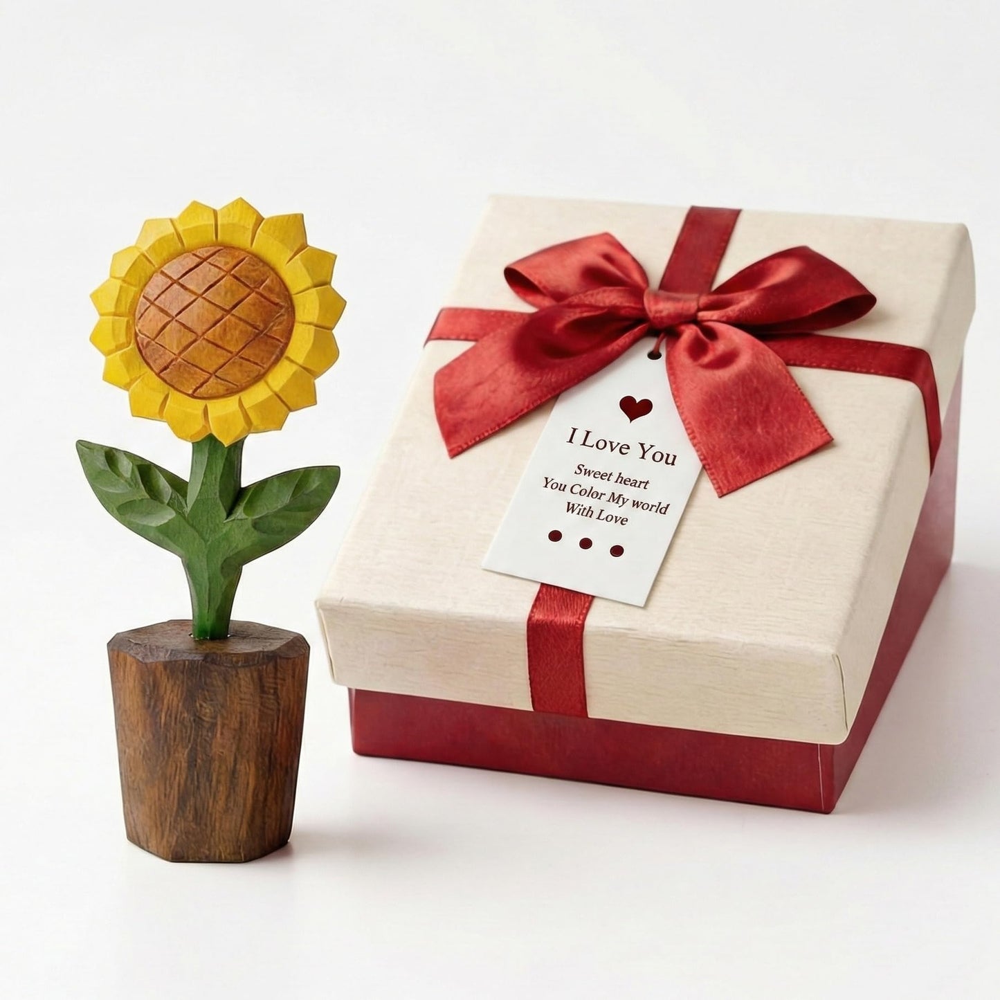 Hand-Carved Wooden Sunflower Figurine – Artisan Solid Wood Flower Statue for Rustic Farmhouse Shelf Decor & Desk Accessories – Unique for Her, Mom, Teachers (5 Inch, Gift Boxed)