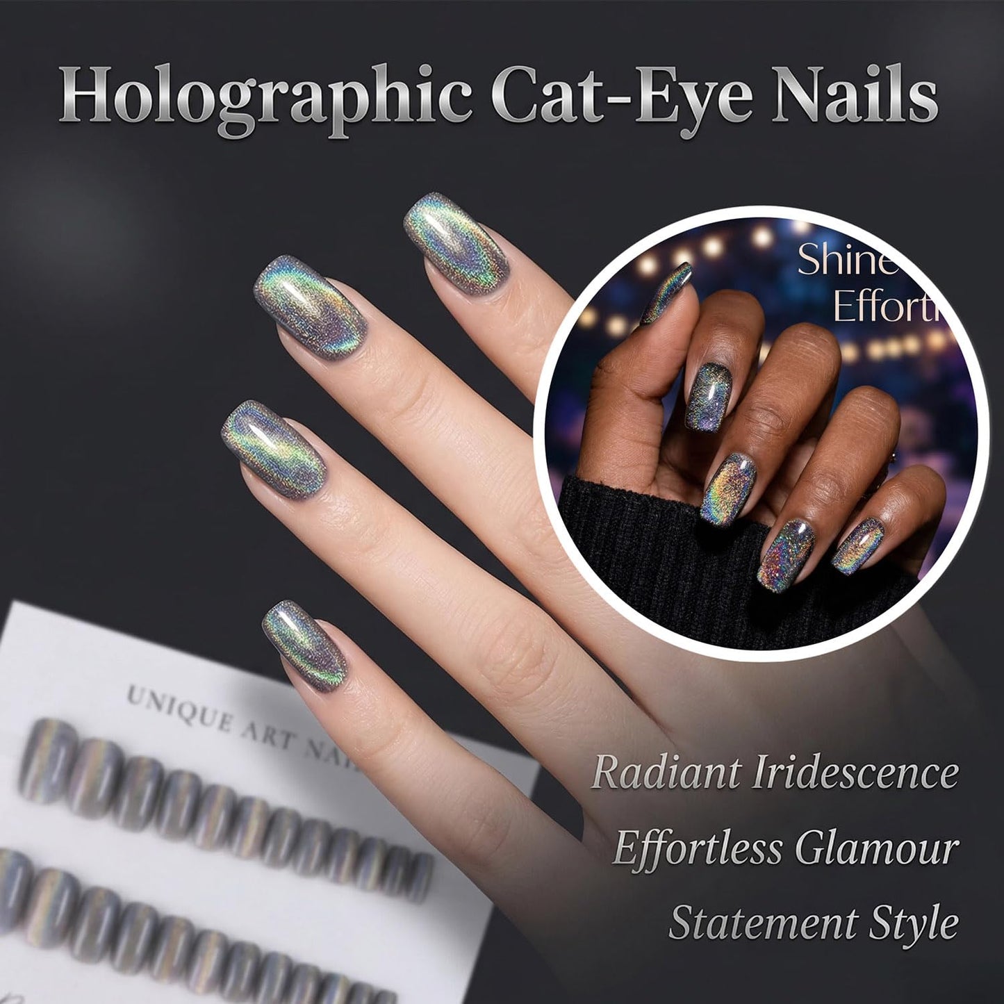 Black Cat Eye Holographic Press On Nails, Rainbow Glitter Magnetic Effect Fake Nails, Glossy Square Galaxy False Nails for Women, Reusable Full Cover Nail Tips – 24PCS