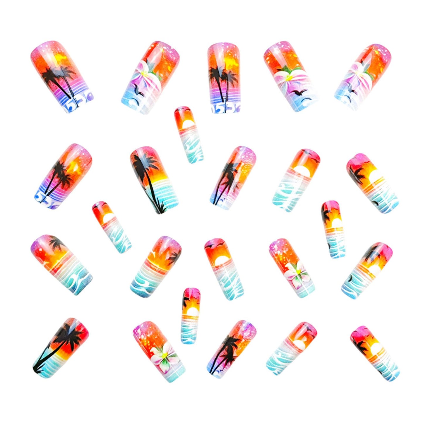 Summer Press on Nails Medium Square Fake Nails with Black Coconut Trees Color Flower Designs Glossy Glue on Nails Blue Gradient Nails Press ons Acrylic Nails Artificial Stick on Nails for Women 24Pcs