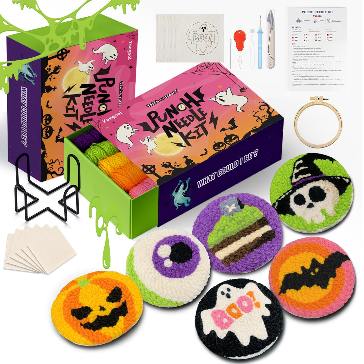yuegool 6PCS Enchanted Oddities Punch Needle Coasters Kit – Easy DIY Embroidery Kit for Beginners, Adults Includes Patterns, Tools, Yarns, Hoop, Instructions, Coaster Holder