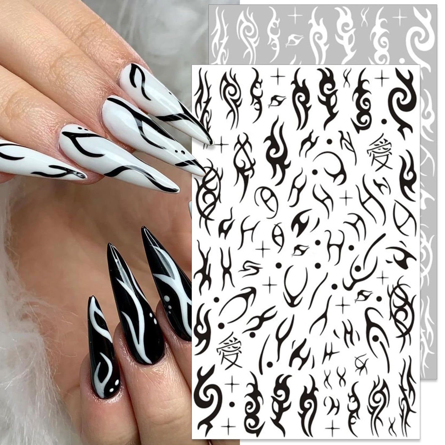 IDDFEVE Gothic Nail Art Stickers - Black & White Moon Star Snake Fire Self-Adhesive 3D Nail Decals for DIY Halloween Punk Manicure (6 Sheets)
