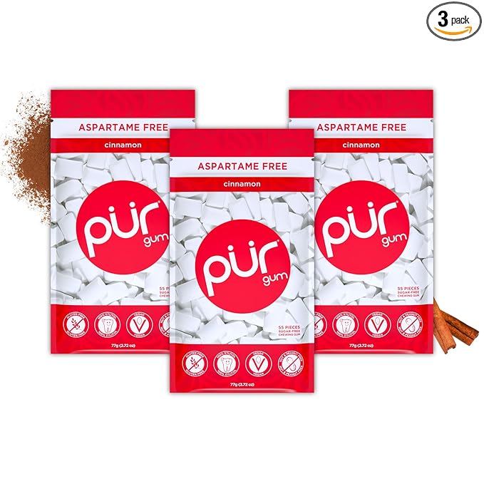 PUR Gum | Aspartame Free Chewing Gum | 100% Xylitol | Natural Cinnamon Flavored Gum, 55 Pieces (Pack of 3)