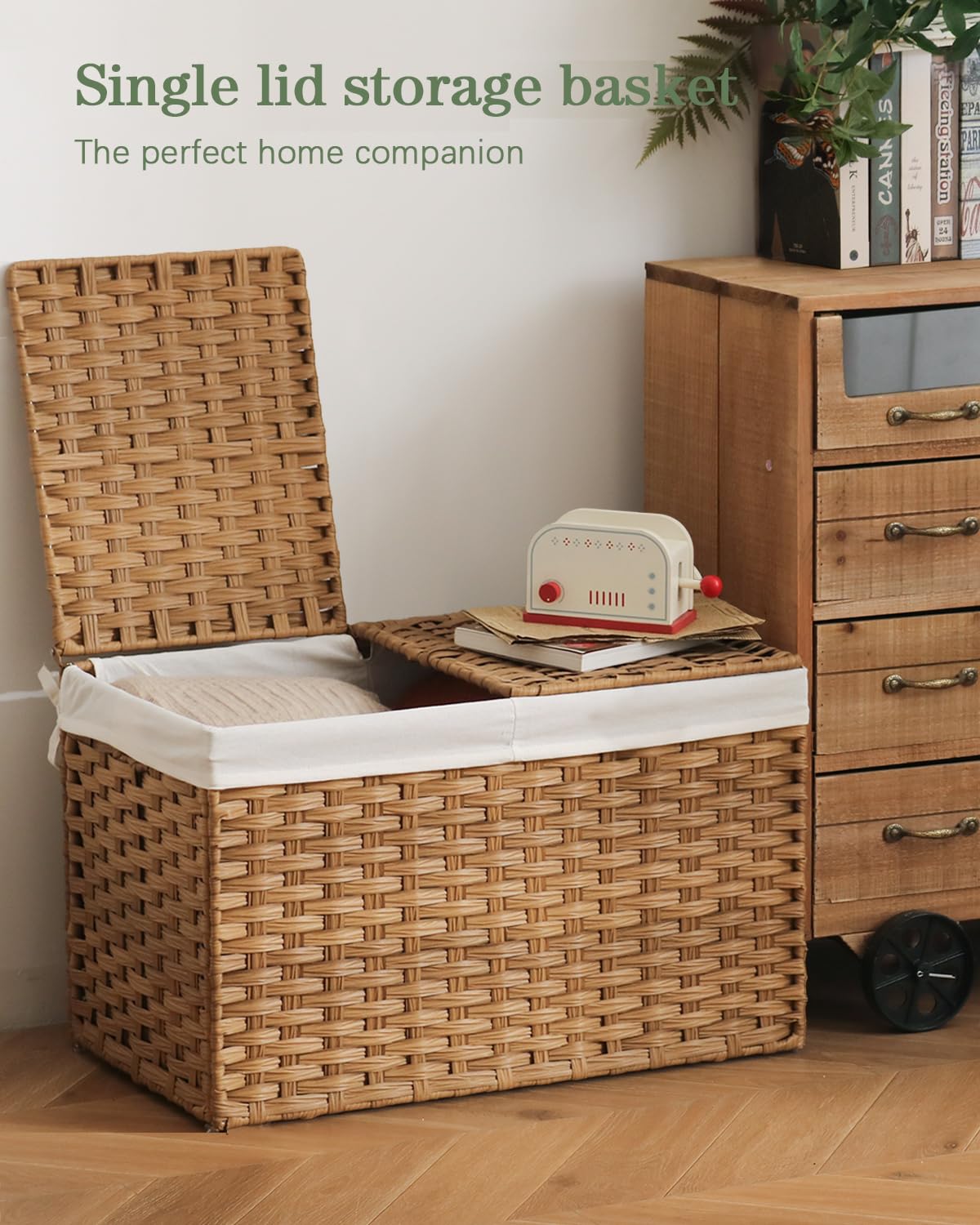 SETVSON Storage Basket with Lid Rattan Woven Storage Baskets with 2 Separate Lids, 17.2 Gallon (65 L), 22 x 13 x 13.8 Inches,Foldable, 2 Removable Liner Bags Handles for Bedroom, Laundry Room Natural