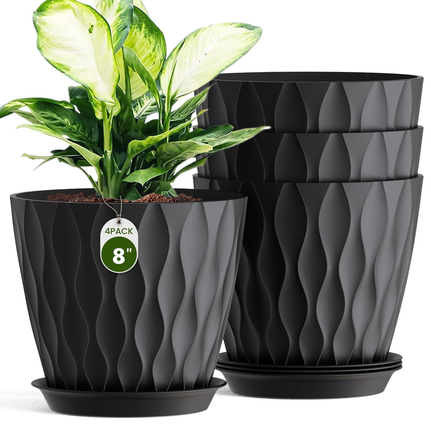 Areutxbis 8 Inch Wave Plant Pots with Drainage Holes & Saucers, 4 Pack Modern Textured Medium Planters for Indoor Outdoor Plants, Decorative Flower Pots Repotting Set for Flowers, Herbs (Black)
