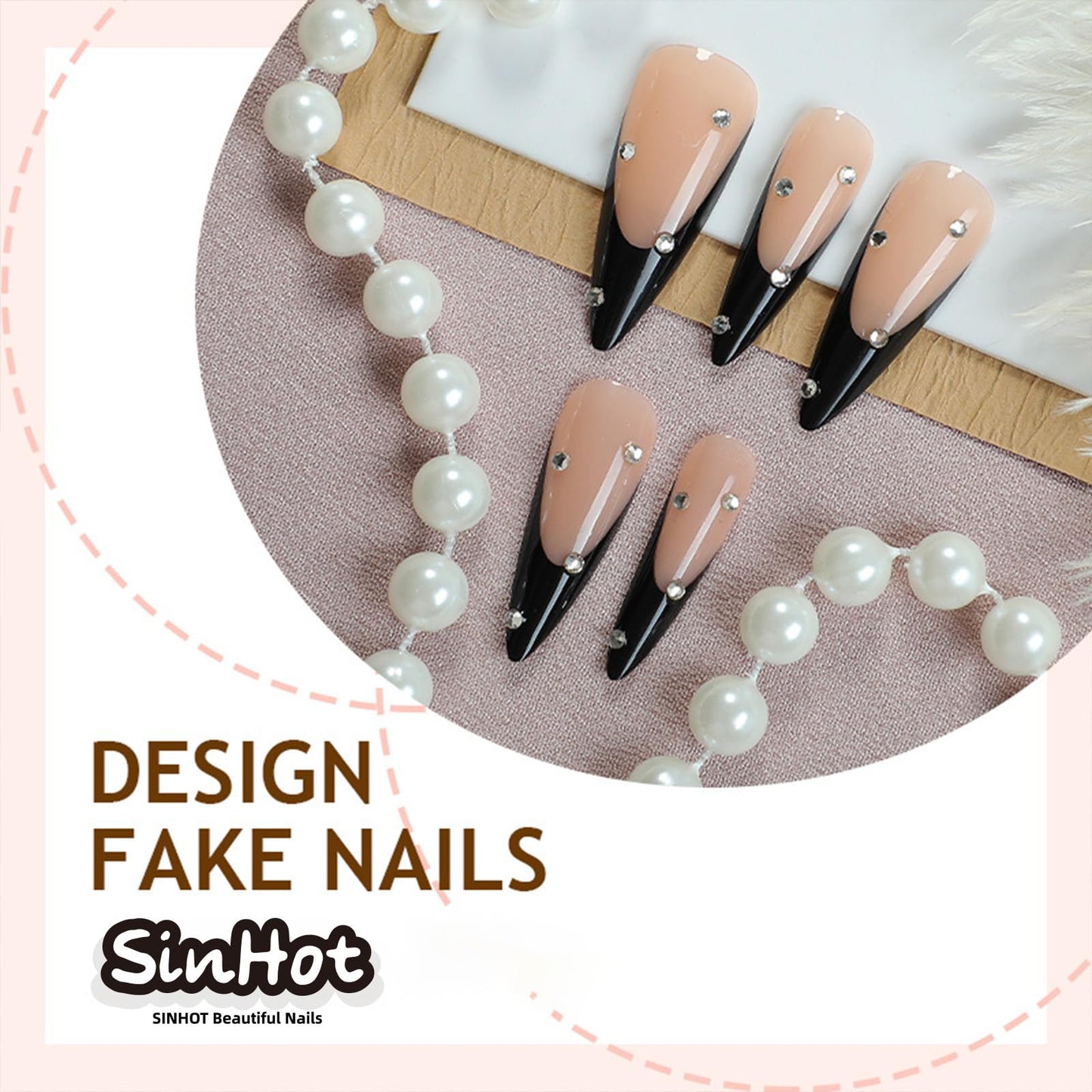 SINHOT Stiletto Press on Nails - Long Fake Nails, Glossy Finish, 3D Rhinestones & Black French Tip, DIY Artificial False Nail Art - 24 Pcs Nail Kit with Glue