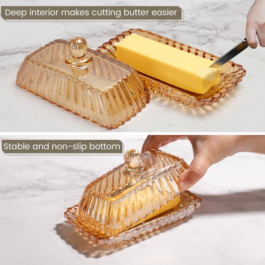 Vintage Amber Glass Butter Dish with Lid - Color Covered Butter Container Holder Tray Plate for Tabletop Countertop & Refrigerator | Holds 1 Standard 4oz Butter Sticks