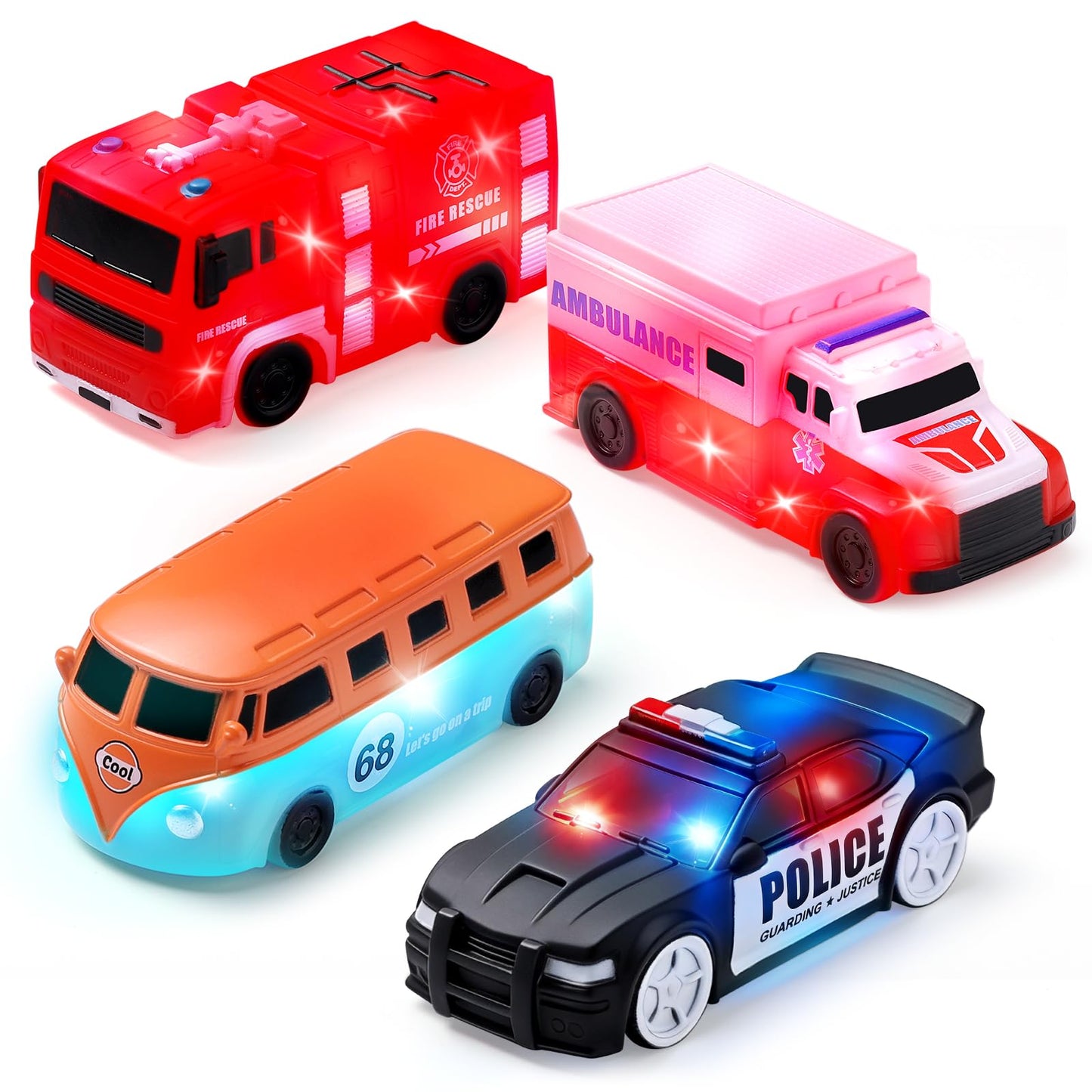 CLYMENE Car Light Up Bath Toys, 4 Pack Water Activated Light Up Toys, No Hole Floating Water Vehicle Toddler & Baby Bath Toys for Endless Tub Fun