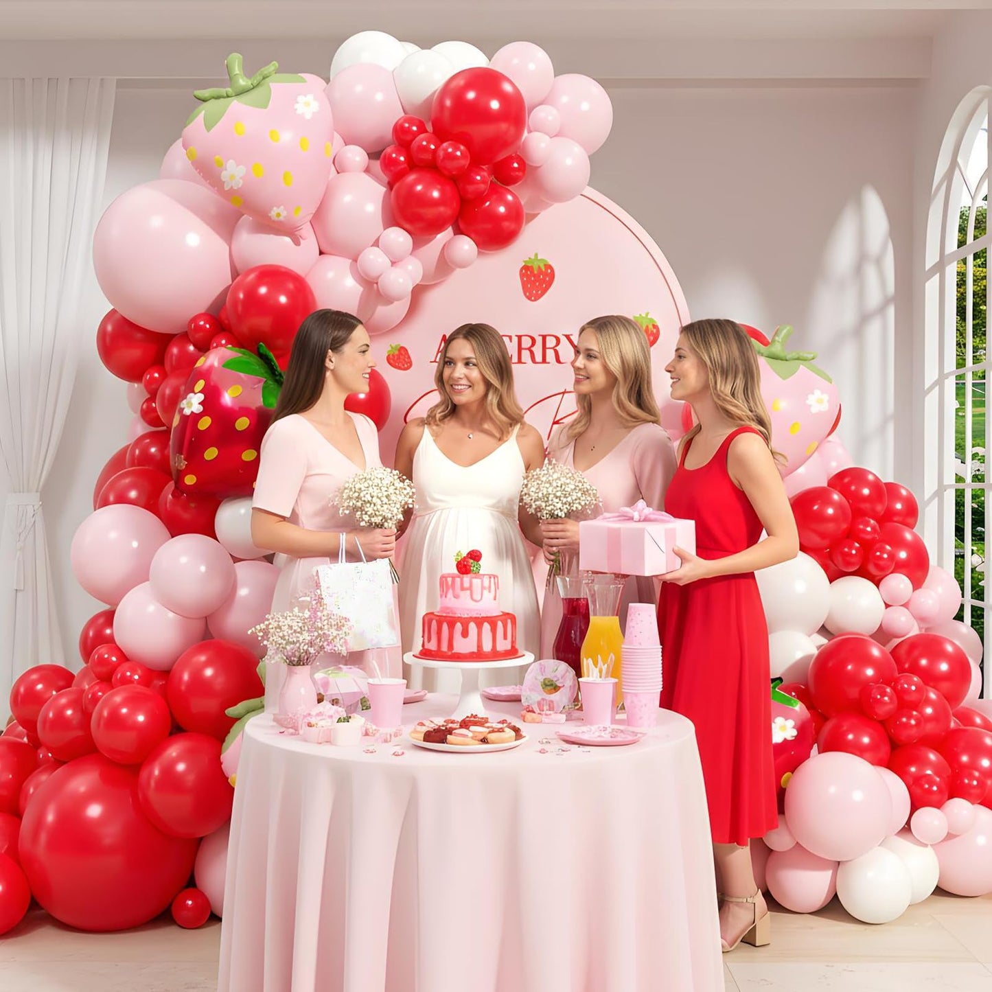 120pcs Strawberry Balloon Arch Kit with Red Pink Sand White Foil Strawberry Balloons for Baby Shower Birthday Party Decorations