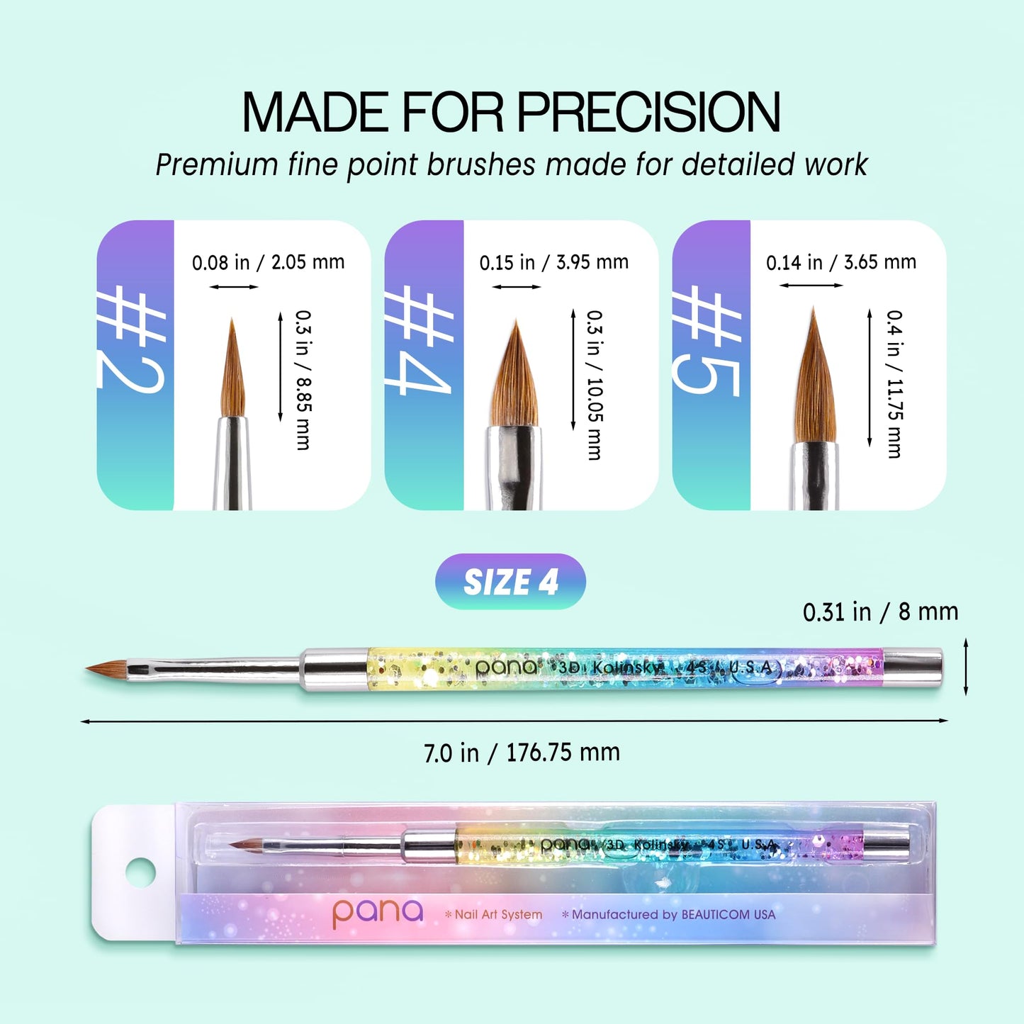 PANA Kolinsky 3D Acrylic Nail Brushes with Liquid Glitter Handle - For Professional Acrylic Powder Liquid Manicure Pedicure (Rainbow Color, Size #4)
