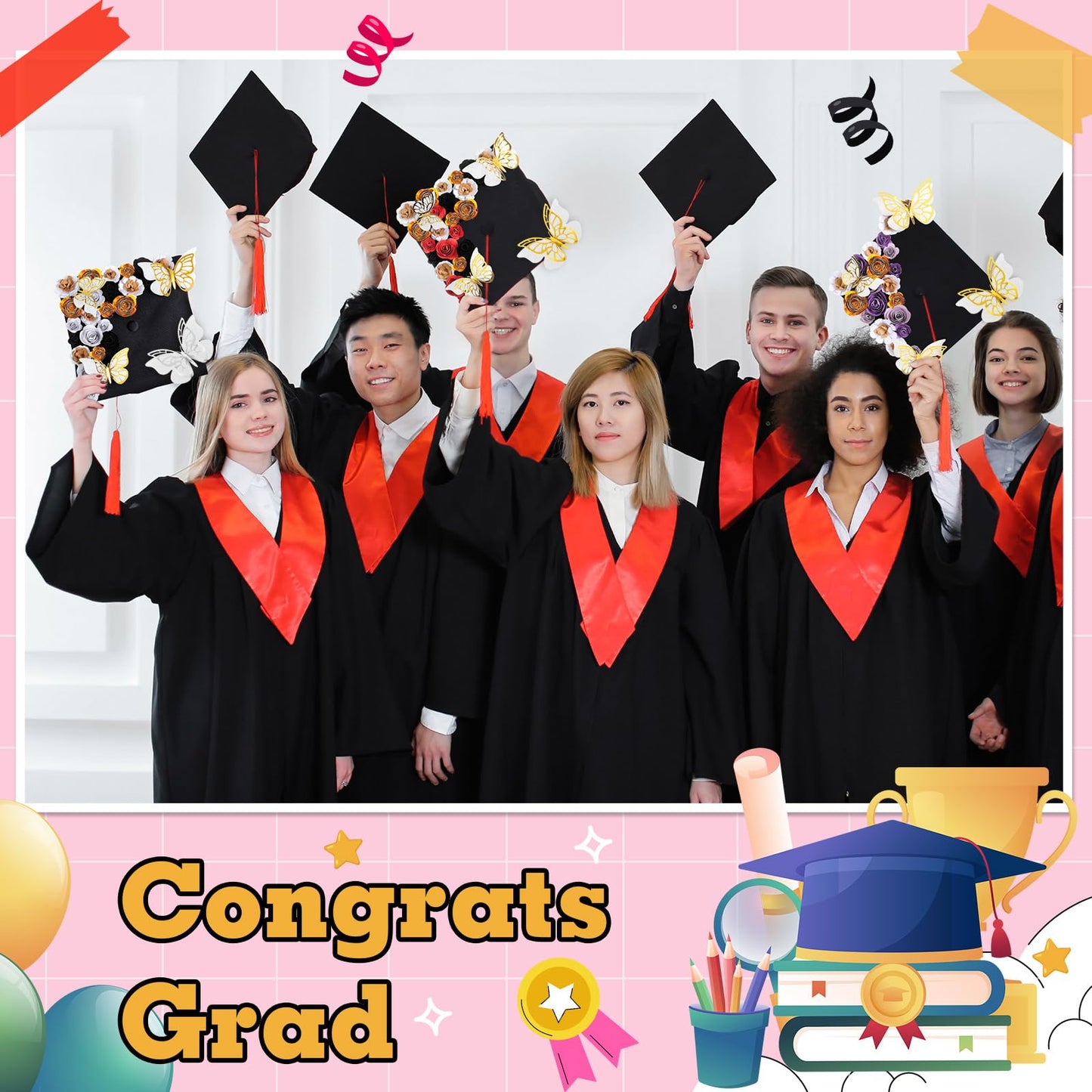 Dinifee 36 Pcs DIY Graduation Cap Decorations Accessory Kit Include Faux Paper Flower Heads 3D Butterfly Grad Cap Mini Paper Flowers Decorations for Grad Cap Topper DIY Graduation Gift(Black, Gold)