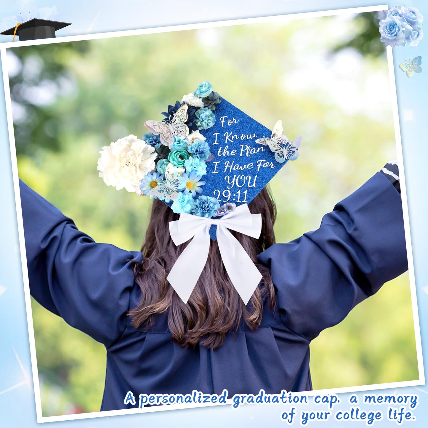 Naozinebi 55 Pcs Blue DIY Graduation Cap Decorations Faux Assorted Flowers blue Bows 3D Butterfly Stickers Glitter Alphabet Letter Number Decals for DIY Hat Grad Cap Topper Graduation Party Supplies
