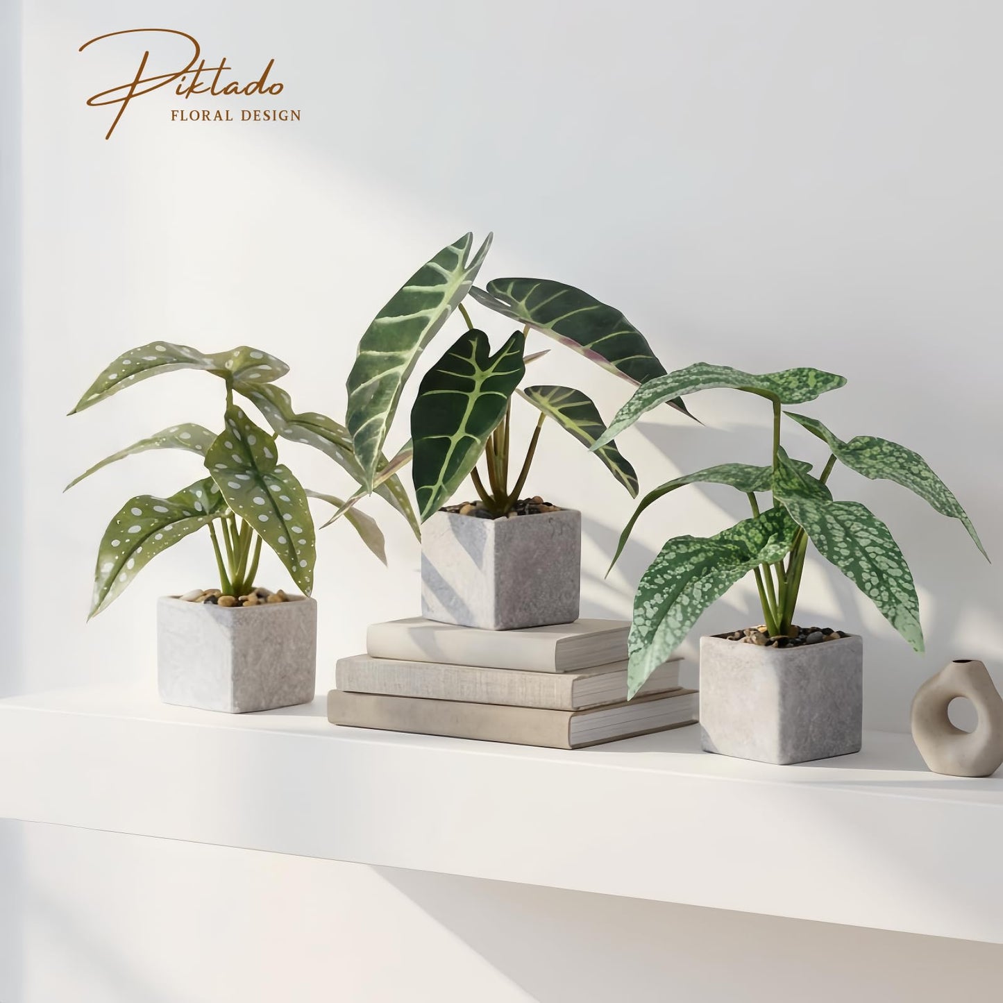 Piklado 3pcs Small Fake Plants Artificial Begonia Leaves Faux Plants Indoor for Office Desk Shelf Bathroom Home Decor