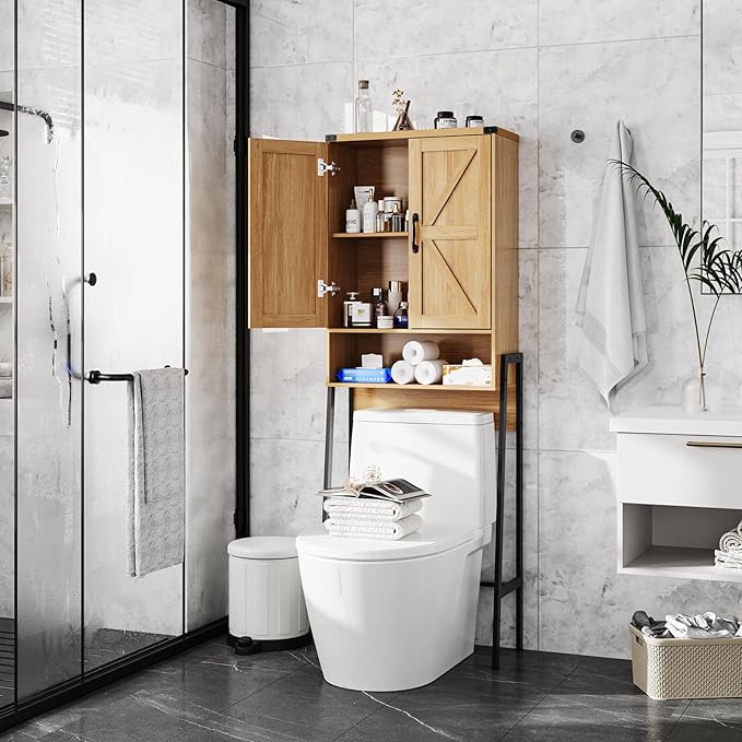 Over The Toilet Storage Cabinet with 2-Door Design Bathroom Organizers and Storage with Anti-Tip Device Over Toilet Organizer with Shelves for Bathroom,Restroom,Laundry Natural