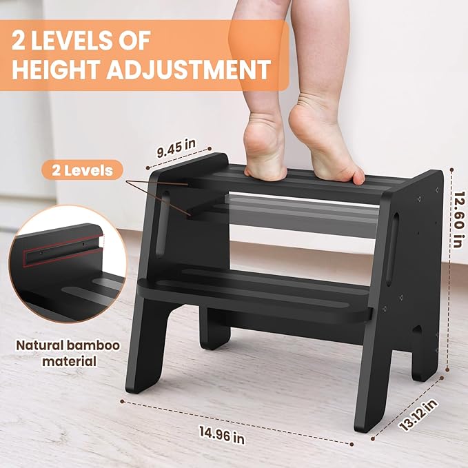 Toddler Step Stool, Wooden Height-Adjustable 2-Step Stool for Kids, Potty Training Stool with Handles for Bathroom Sink, Kitchen, Bedroom-Black