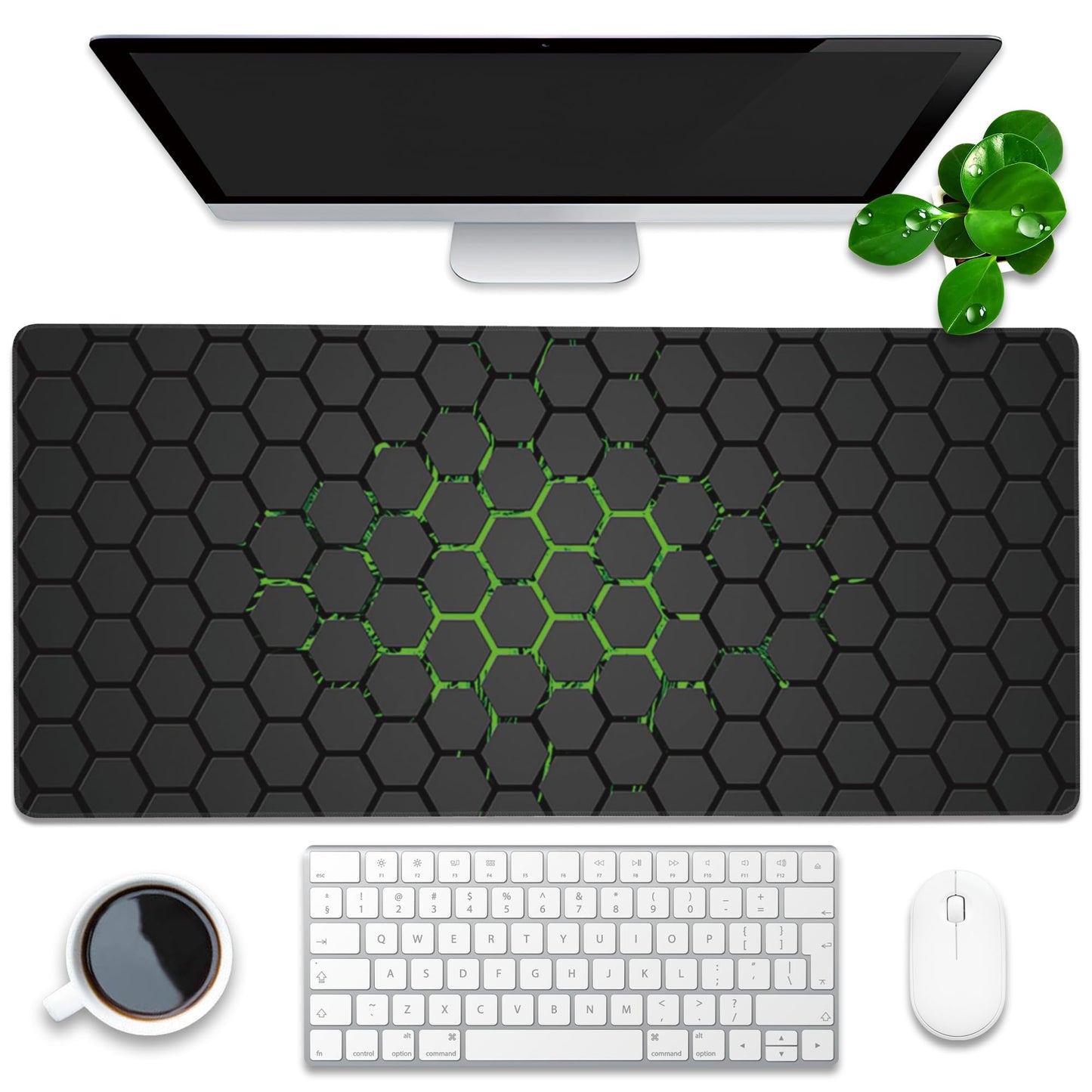 Desk Pad, Green Honeycomb Science Technology Extended Gaming Mouse Pad Large, 35.4"x15.7" Big Mouse Pad with Non-Slip Base and Stitched Edge, Long Computer Keyboard Mouse Mat for Home Office Work