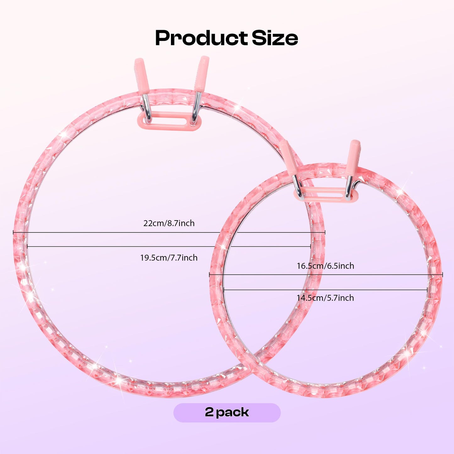 Caydo Metal Spring Tension Embroidery Hoops for DIY Embroidery Project, 2 Sizes Cross Stitch Hoops with Metal Ring, Pink Round Darning Hoops for Art Craft Sewing & Home Ornaments (6 Inch, 8 Inch)