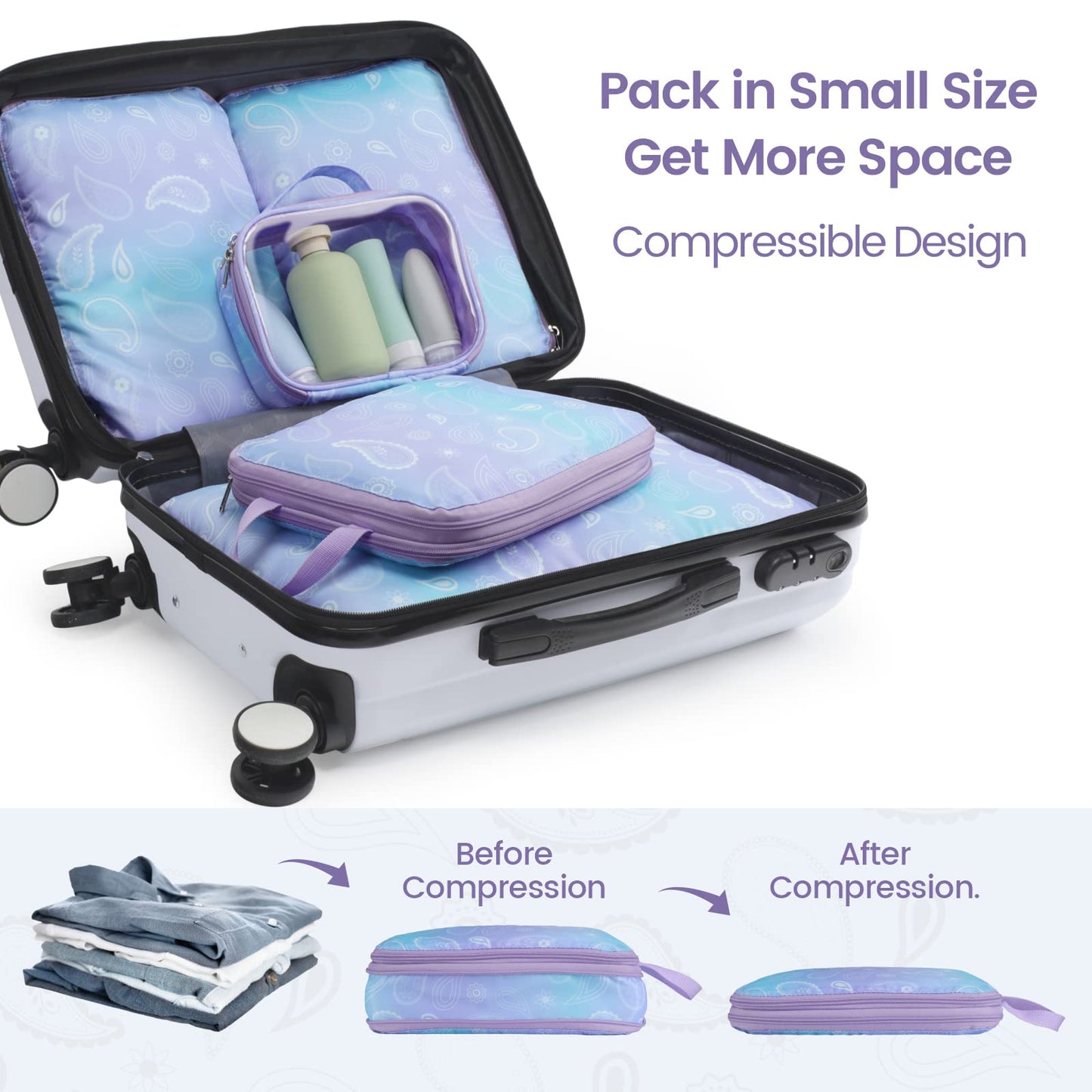 Cambond Compression Packing Cubes Travel - 5 Set Packing Cubes for Suitcases, Lightweight Expandable Luggage Organizers Space Saver Compression Cubes with Makeup Bag, White Blue Purple Gradient