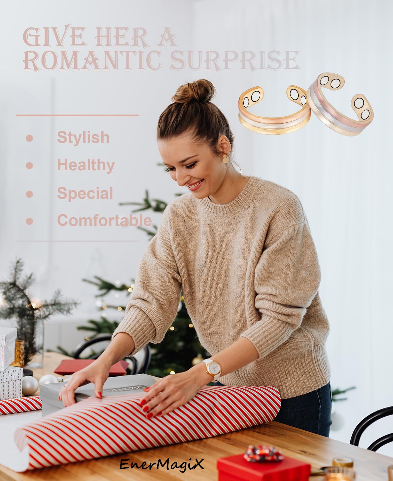 EnerMagiX Copper Rings for Women, 99% Pure Copper Adjustable Tricolour Gold Set Magnetic Ring Jewelry