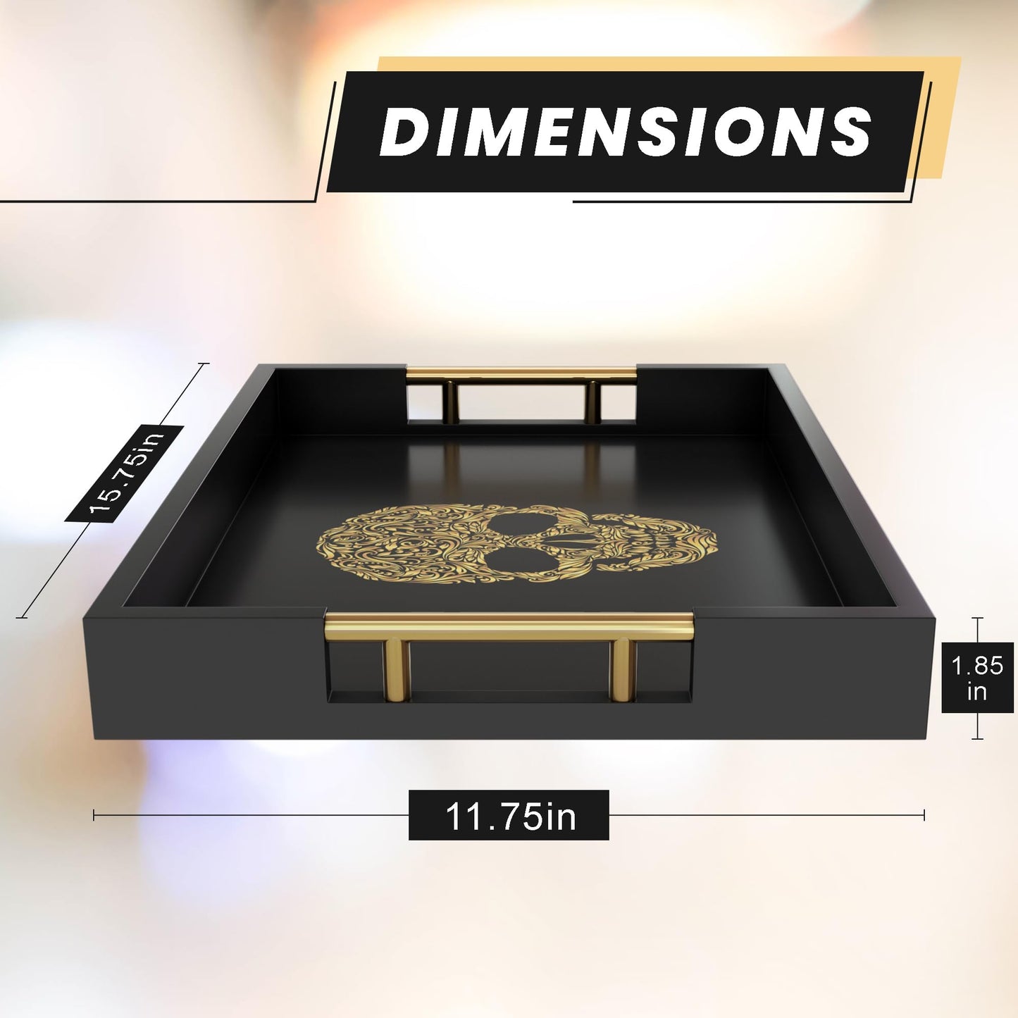 Gothic Skull Serving Tray with Gold Handles – Black Gloss Wooden Ottoman Tray for Coffee Table, Bar, or Kitchen – Elegant Gothic Decor & Unique Gift for Halloween, Horror & Alternative Style Lovers