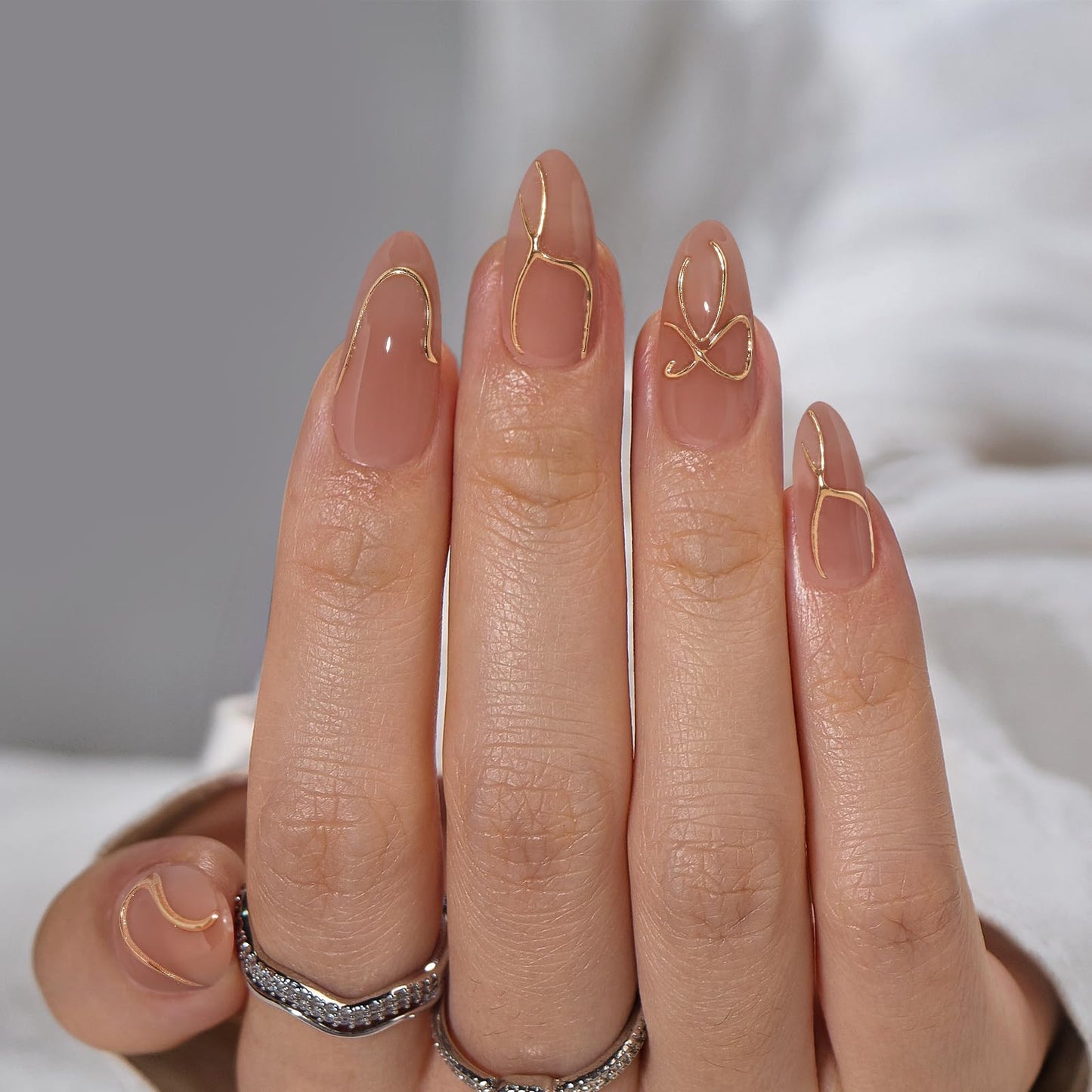 BTArtbox Press On Nails Almond - Fall Press On nails with 3D Gold Lines Design, Medium Glue On Nails with Nail Glue, Vanilla Cream & Radiant Ribbons
