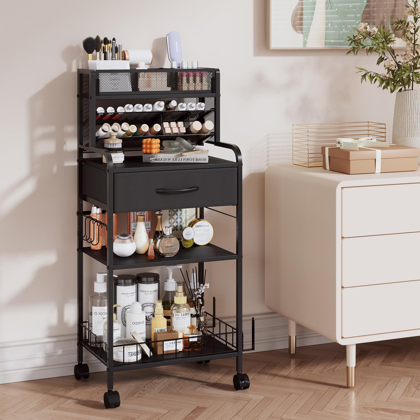 Homsorout Art cart, 3 Tier Rolling Cart - Utility Cart with Storage Drawer and Wheels, Versatile Art & Craft Organizer for Home, Office, or Studio Ideal for Storing Brushes, Paints (Black)