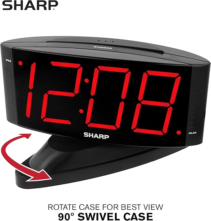 Sharp Outlet-Powered Alarm Clock with Swivel Base, Red LED and Dimmer | Outlet powered; Swivel base; Large red LED digits; Adjustable brightness; Snooze; Simple controls; Midnight Black
