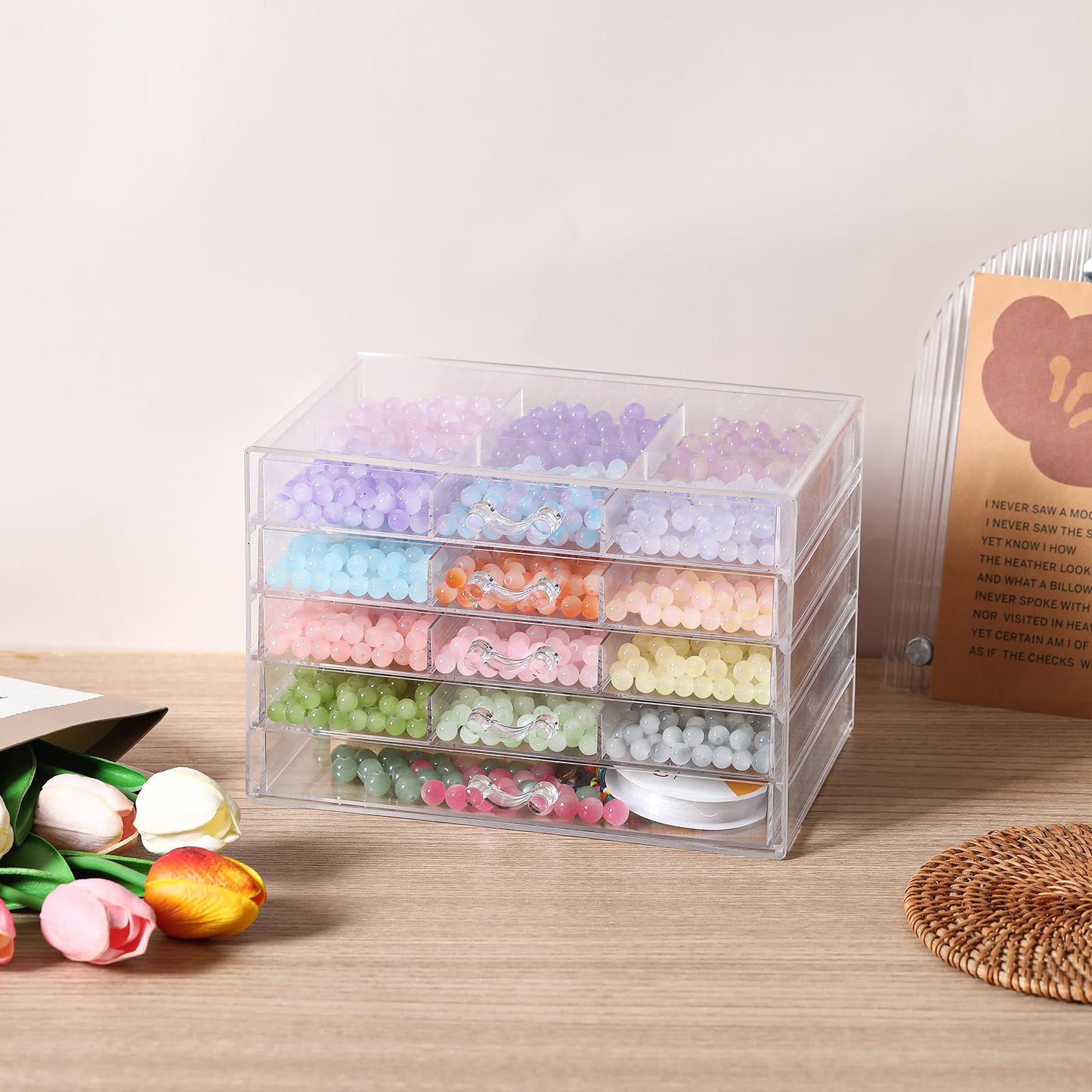 CLUQMEIK 5-Tier Large Bead Organizer Box, Acrylic Jewelry Storage Bead Containers with 5 Drawers, Suitable for Bracelet Making DIY Storing Beads Jewelry Rock Buttons.