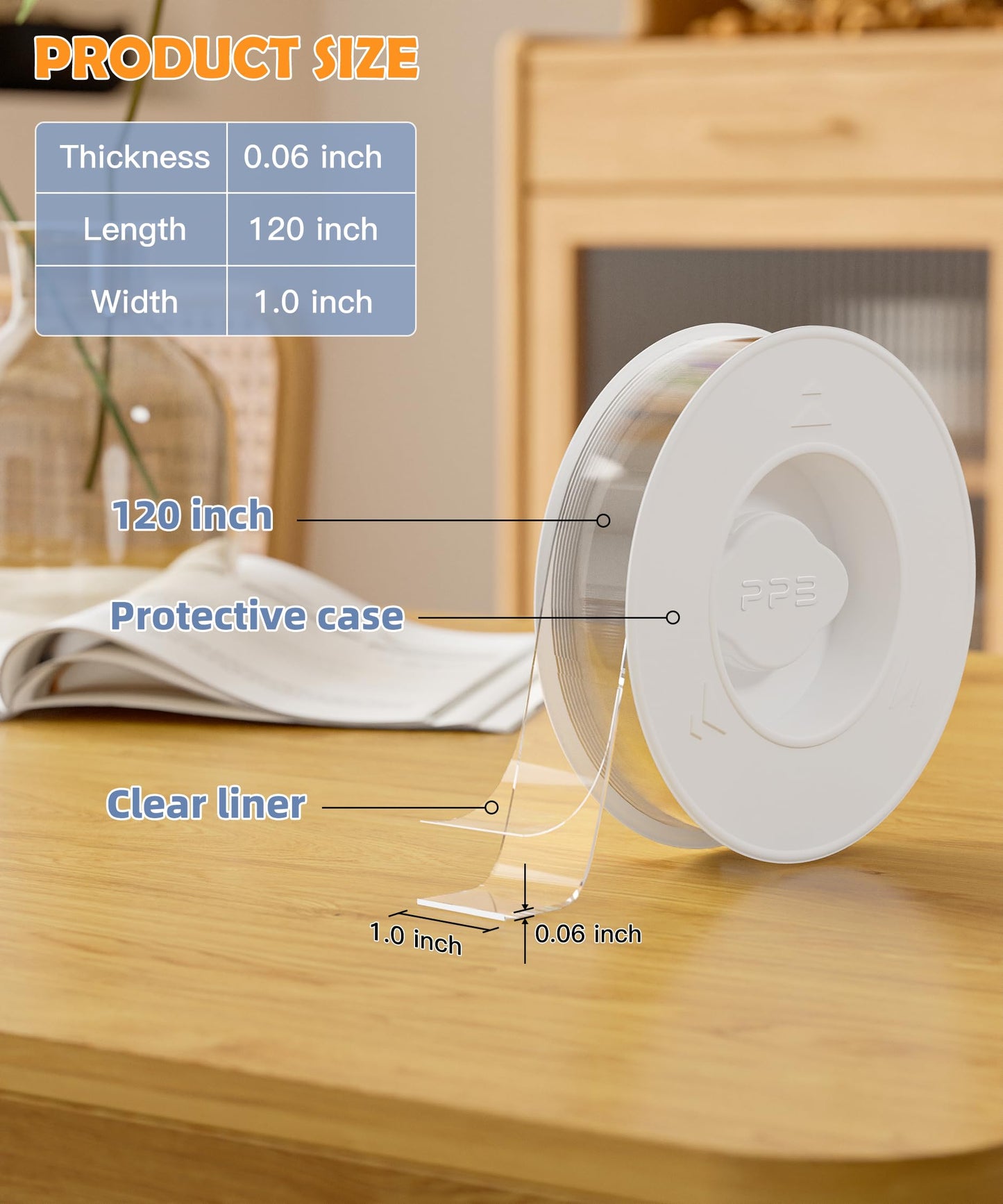PPB Double Sided Mounting Tape, Clear Heavy Duty Nano Adhesive Tape with Protective Case, Removable Reusable Wall Tape for Home, Office, Car, Glass, Tile, Smooth Surfaces, 1 in x 10FT