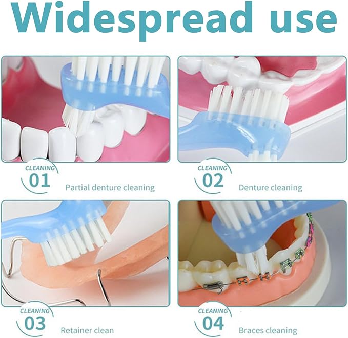 4 Pieces Denture Brush, Small Toothbrush for Dentures, Multi-Layered Bristles Ergonomic Rubber Handle for False Teeth Cleaning