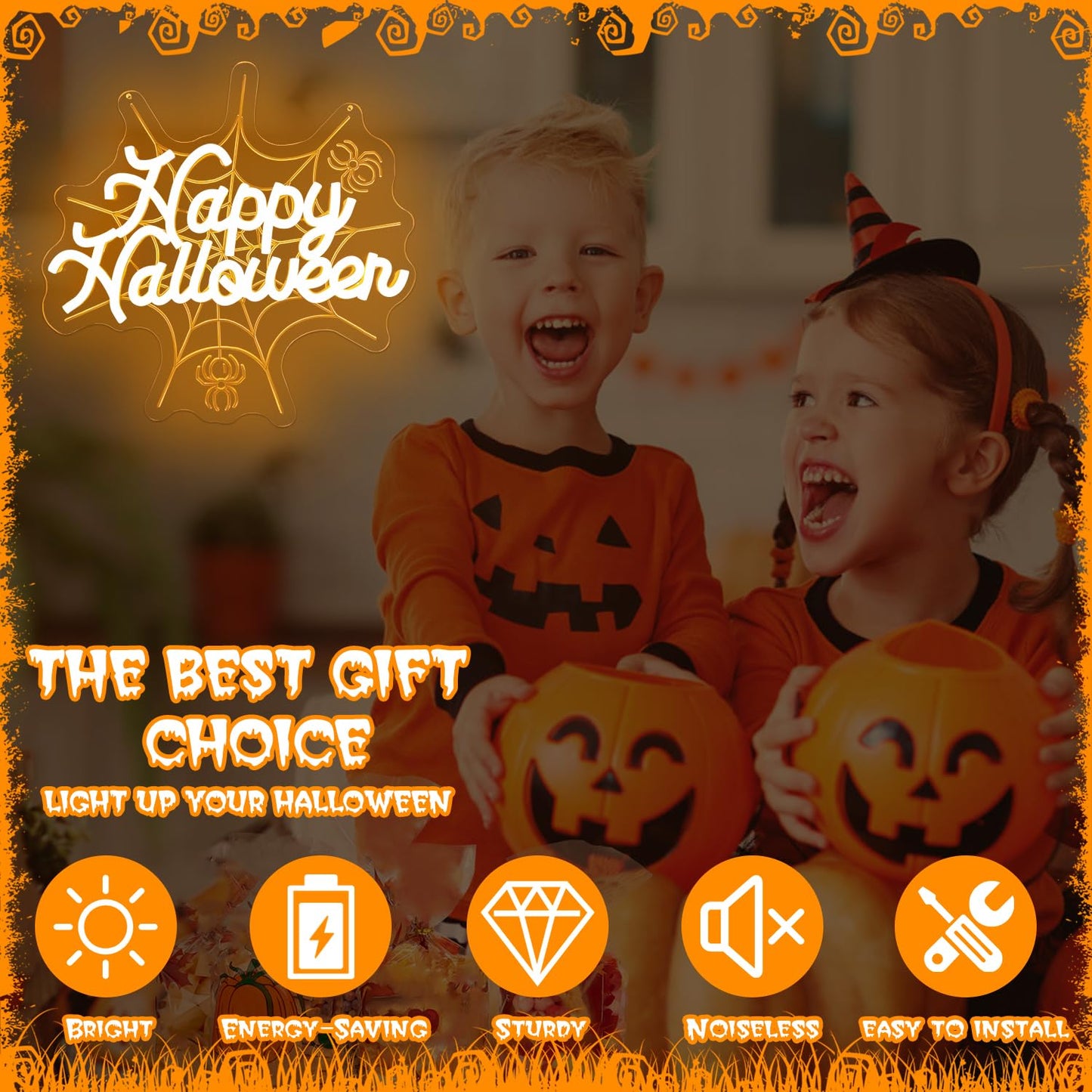 hhuohuona Happy Halloween Neon Sign Dimmable Neon Halloween Sign 3D Spider Web With Glowing Happy Halloween Led Window Lights Gothic Light Up Sign for Party
