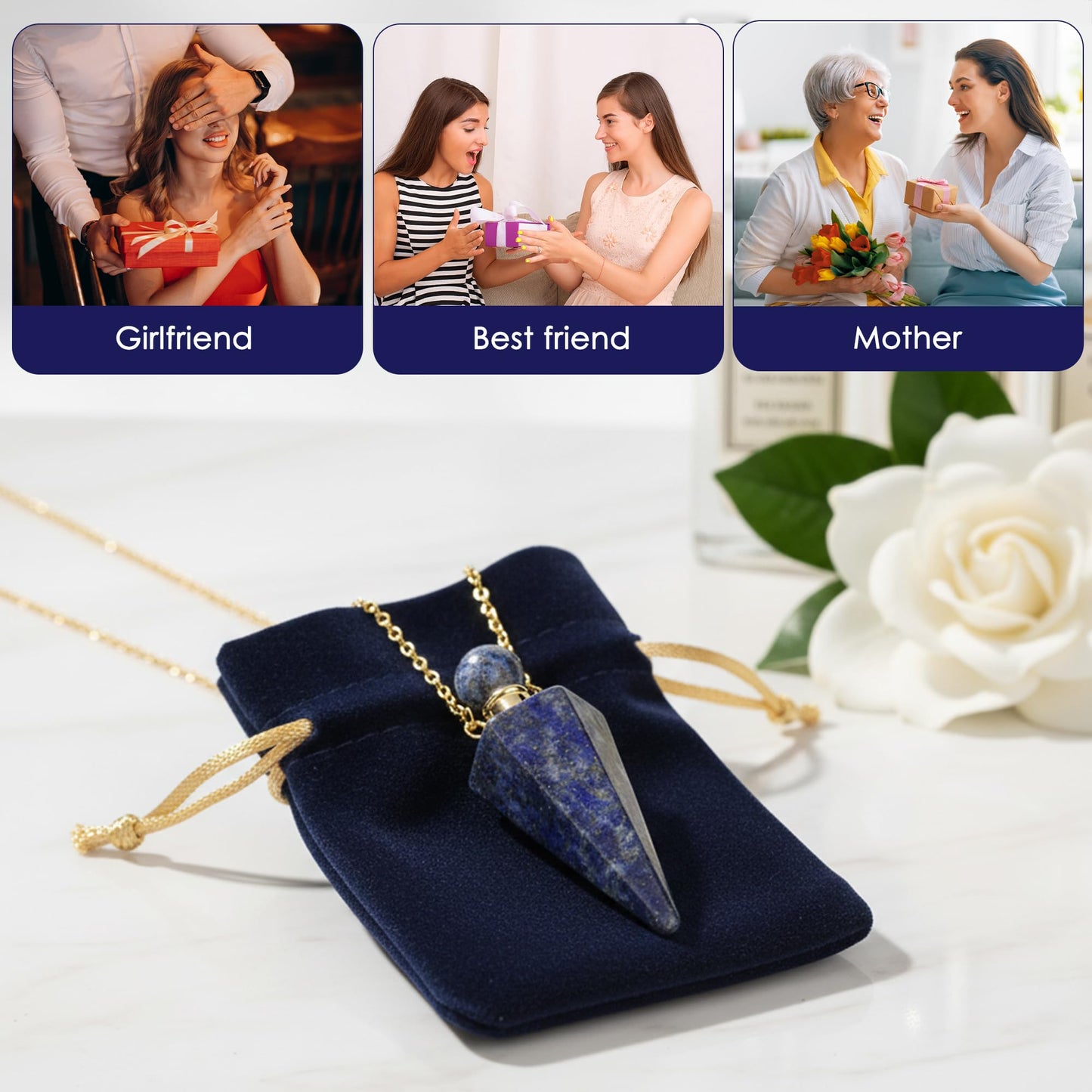 Biiange Perfume Bottle Necklace Diamond Shape, Essential Oil Diffuser Necklace, for Womens Perfumes Vial Pendant Necklaces Jewelry Unique Gift (Dark Blue)