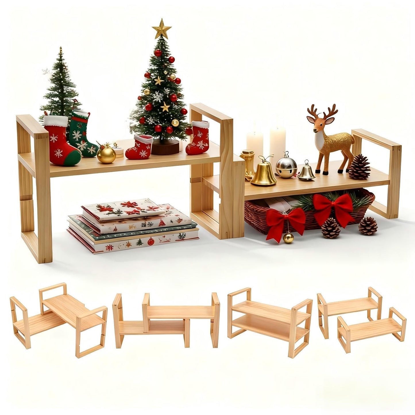 Desk Shelf, 100% Solid Wood Adjustable Desktop Bookshelf, No Tools, Nails or Glue Required for 130lb Load Capacity for Living Room, Office, Books, Cookbooks, Interlocking Joints Nature Pine Color